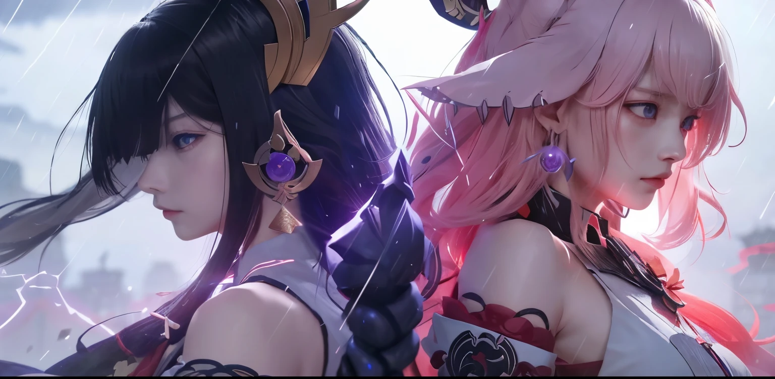 anime characters in the rain with a sword and a sword, genshin, wlop and sakimichan, genshin impact, video game genshin impact, raiden shogun genshin impact, characters from genshin impact, genshin impact character, yae miko from genshin impact, onmyoji detailed art, raiden shogun & yae miko game genshin impact, thundering rain