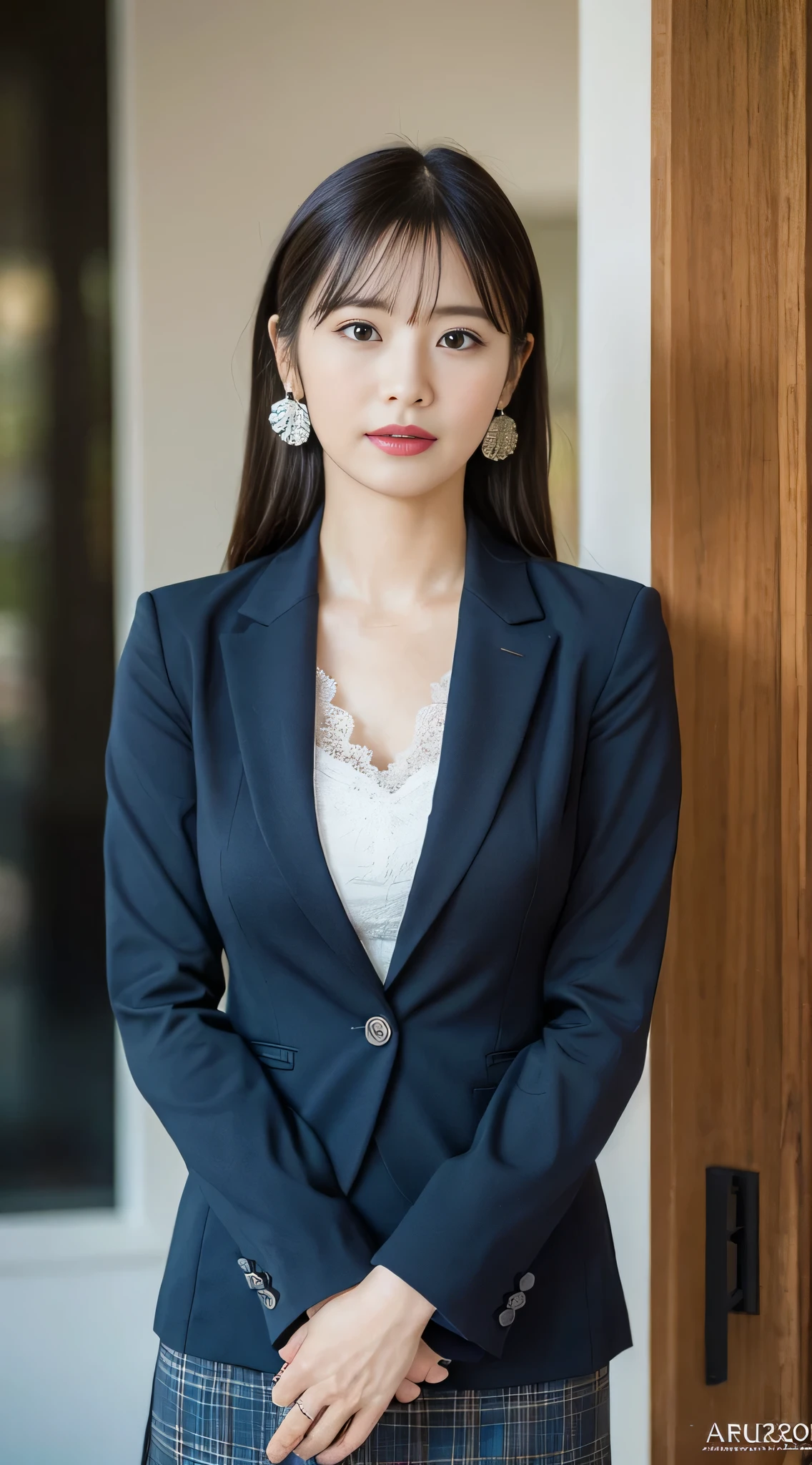 (masterpiece:1.3), (highest quality:1.2), (intricate details:1.2), (surreal:1.2), (professional photos:1.1), very detailed, shape, absurd solution, perspective, black wall background, concentrate, 40 years old, Japanese woman standing upright with her hands folded in front of her body, talking photo, 1 girl, chief executive officer（chief executive officer（CEO, (medium breasts ), long hair, perfect hands, finger details, fine and beautiful eyes, perfect eyes, enchanting eyes, brown eyes, Plain long skirt, In dark blue, (business clothes: 1.2), white shirt, not wearing earrings,wearing a normal skirt, look at the audience, better hand, Art by Paul Thomas Anderson, (Shot with Sony A7R II and Sony 16-35mm lens, 1/250 people, f/5.6 、ISO1250)、