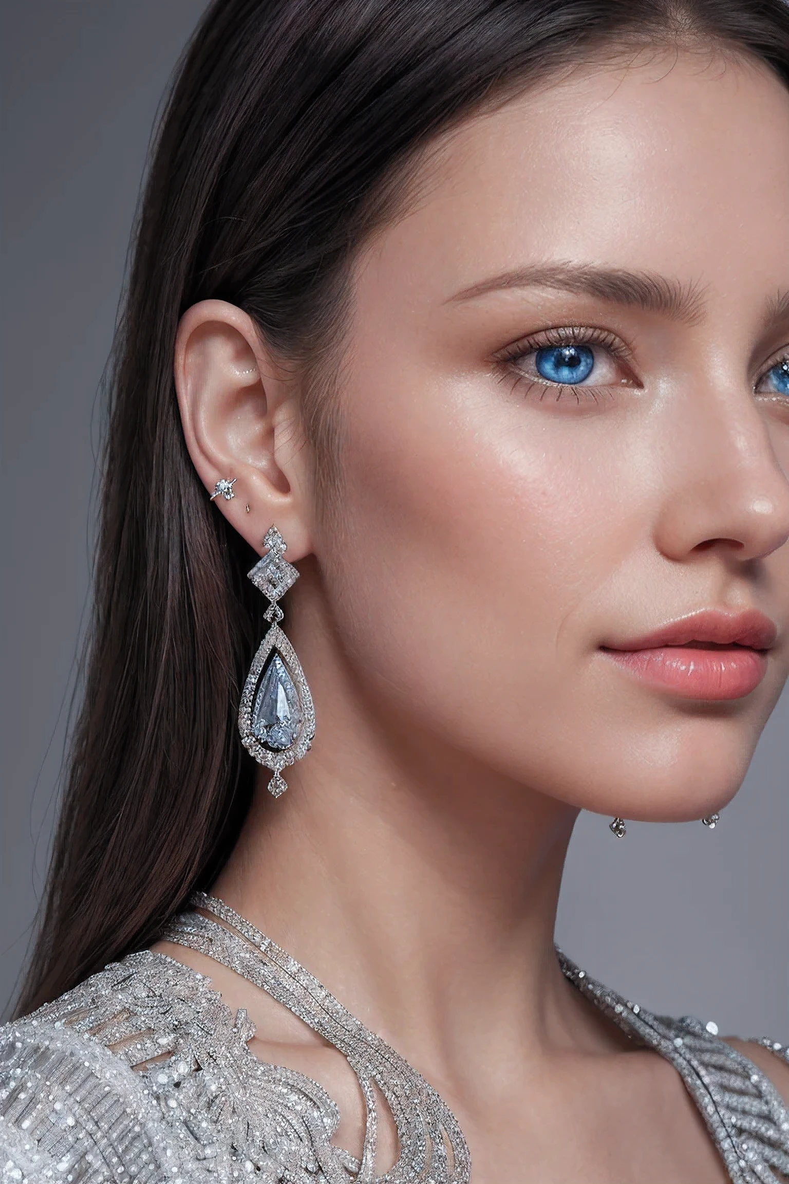  intricate details, actual, photoactual, a close up of a woman wearing earringss, Inspired by Emma Andijewska, covered in crystal, silver, long earringss, Sandra Shevell, huge earringss, 2019, blue eyed, platinum jewelry, earrings, perfect structure, silver earrings,  