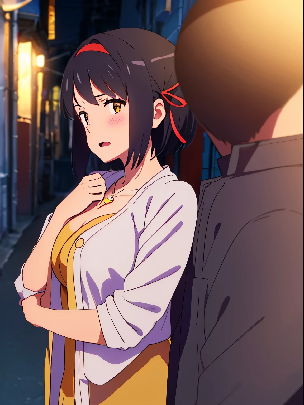 shinkai makoto, kimi no na wa.,1boy, buzzcut, boy behind girl, touching chest, breatsgrope from behind, grab, grabbing chest,chestgrab behind back, hold breast, hug back, hugging, neck kiss, 1girl, bangs, black hair, blush, brown eyes, red headband, red ribbon, short hair, yellow cardigan, open shirt, white dress, cleavage, star necklace, open mouth, medium breasts, dark Alley, night 