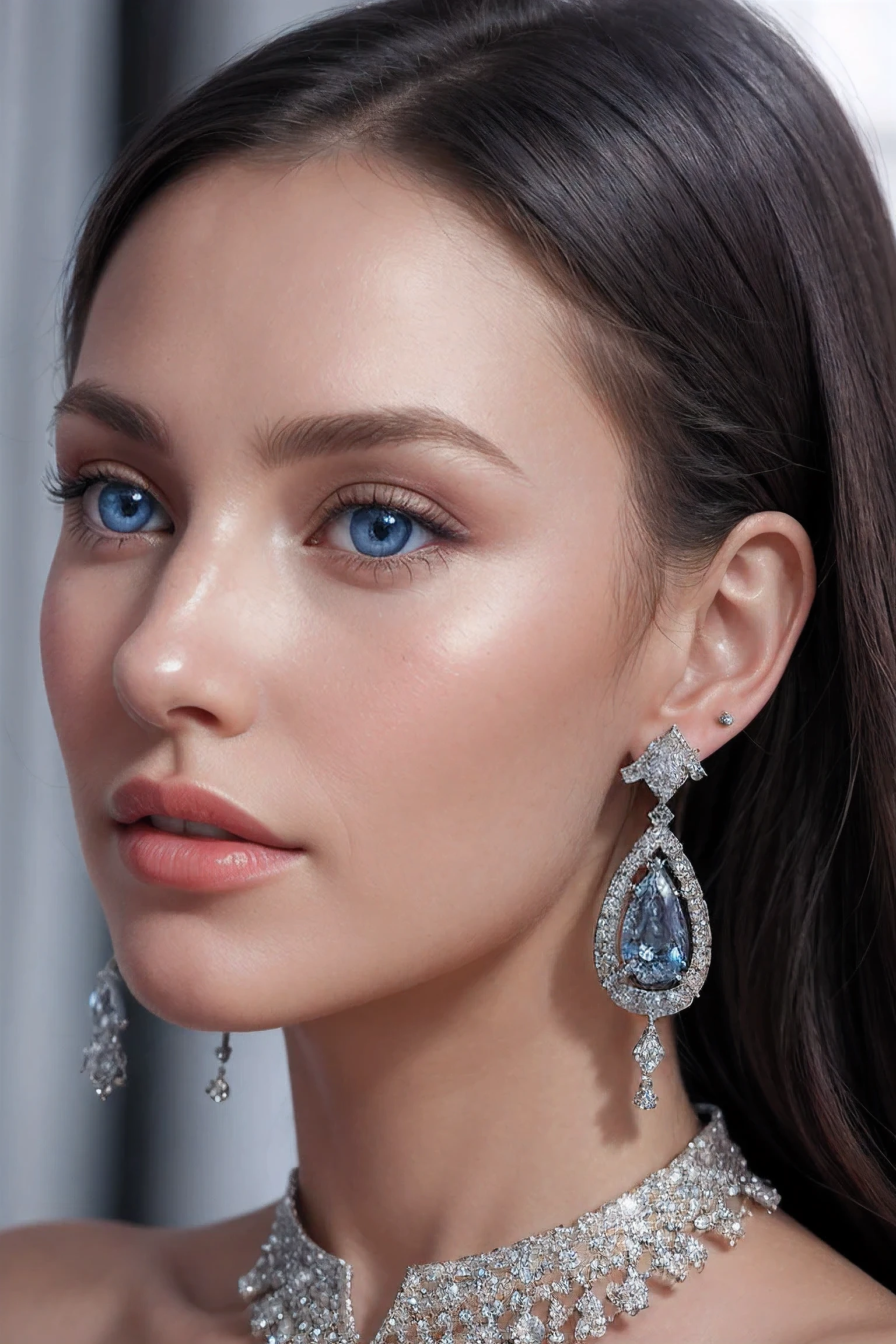 intricate details, actual, photoactual, a close up of a woman wearing earringss, Inspired by Emma Andijewska, covered in crystal, silver, long earringss, Sandra Shevell, huge earringss, 2019, blue eyed, platinum jewelry, earrings, perfect structure, silver earrings,