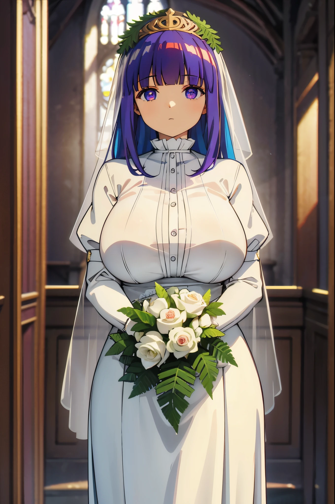 1girl, fern, (4k,masterpiece:1.2), (big breast), (bride clothes), (shy), clear eyes, catholic church, looking at the viewer, vibrant colors, soft lighing, stylish atmosphere,