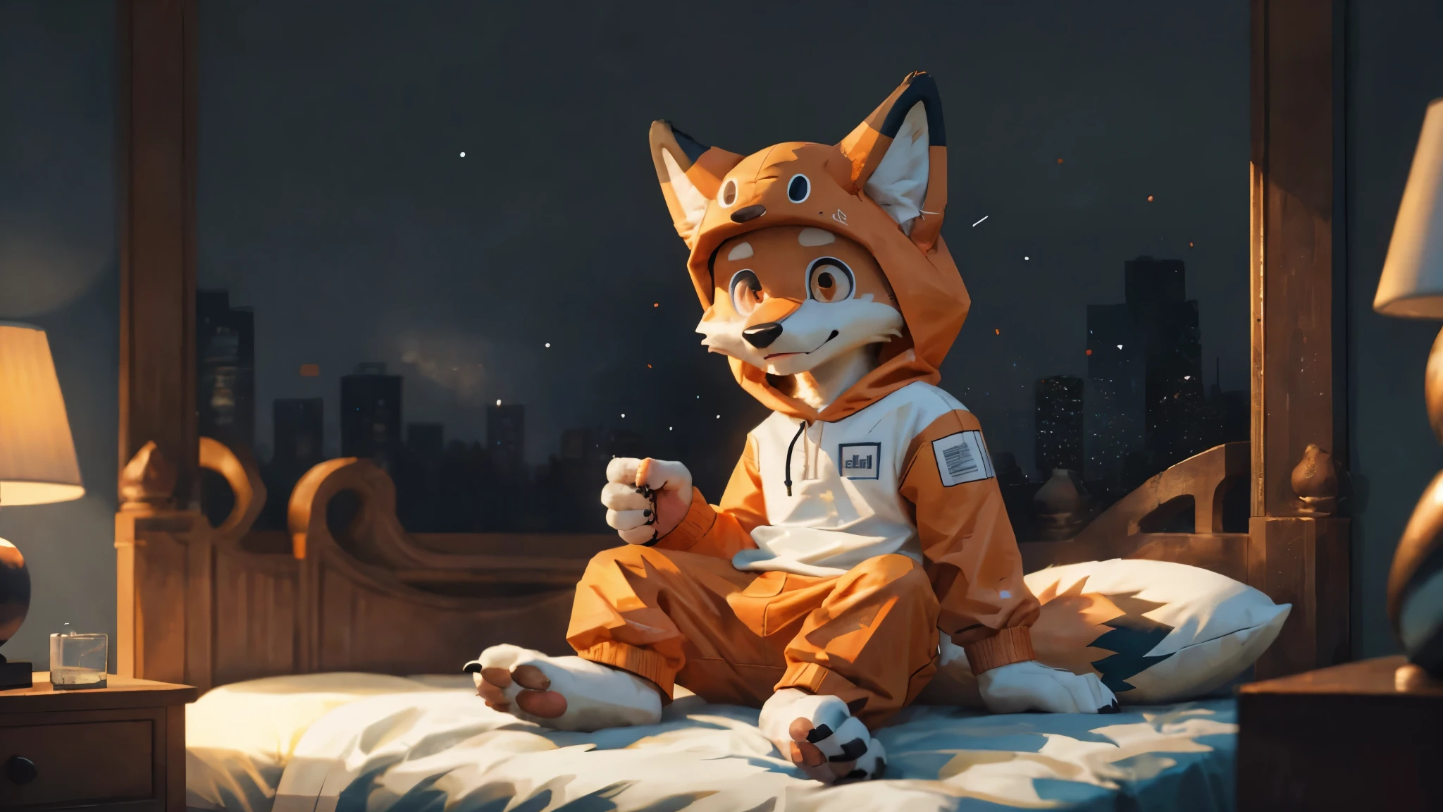 Masterpieces,official art,furry,male,shota,Anthropomorphic orange fox,Delicate face,orange eyes,no hair, animals onesie, bedroom, sitting, cozy room, depth of field, perfect lighting, light particles,(best quality),(masterpiece),(ultra detailed),sharp focus,light particles.