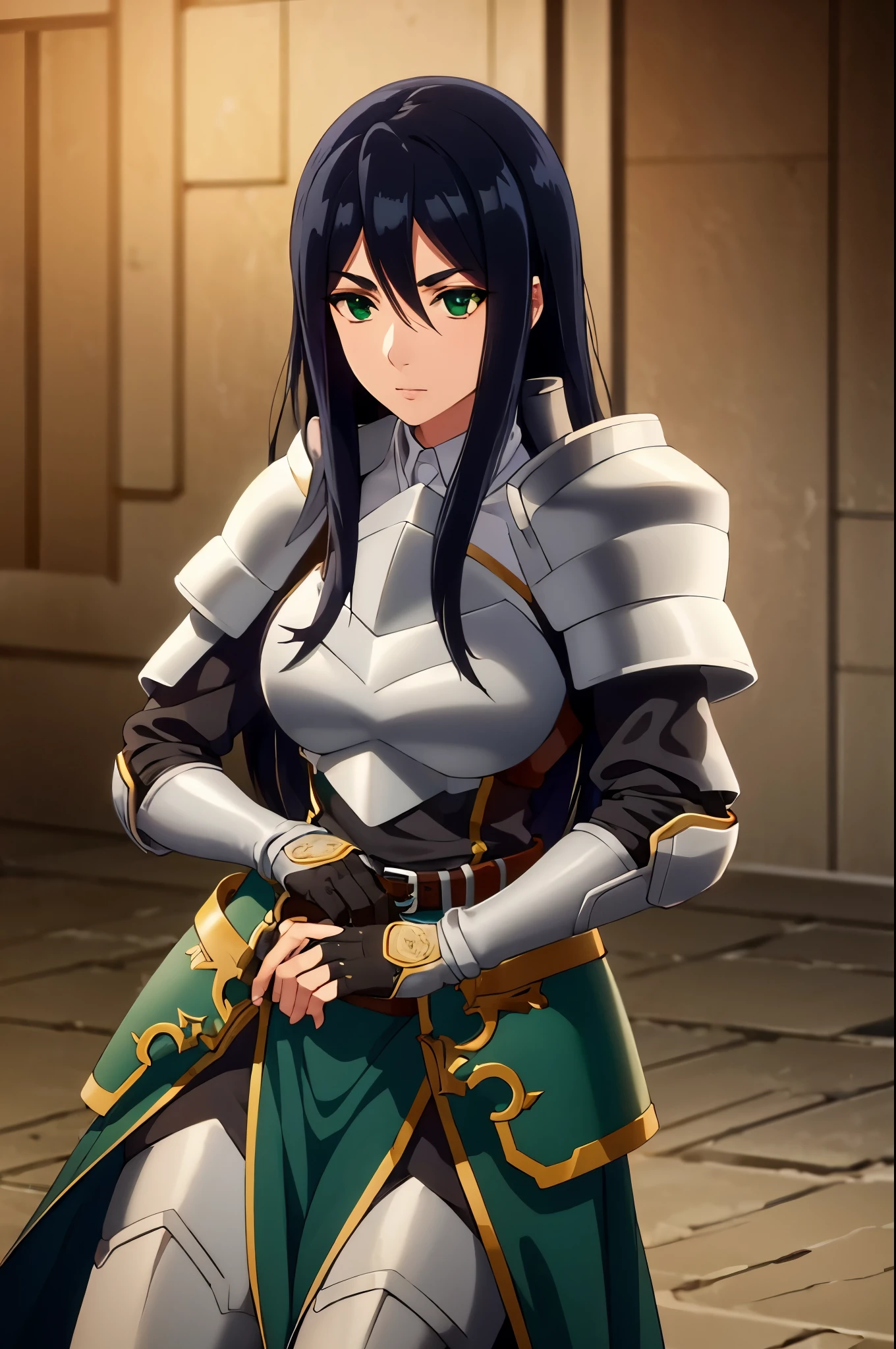 theodoradephilo, theodora dephilo, long hair, black hair, hair between eyes, very long hair, (green eyes:1.3), BREAK gloves, black gloves, belt, fingerless gloves, armor, shoulder armor, breastplate, BREAK outdoors, BREAK looking at viewer, (cowboy shot:1.5), BREAK (masterpiece:1.2), best quality, high resolution, unity 8k wallpaper, (illustration:0.8), (beautiful detailed eyes:1.6), extremely detailed face, perfect lighting, extremely detailed CG, (perfect hands, perfect anatomy),
