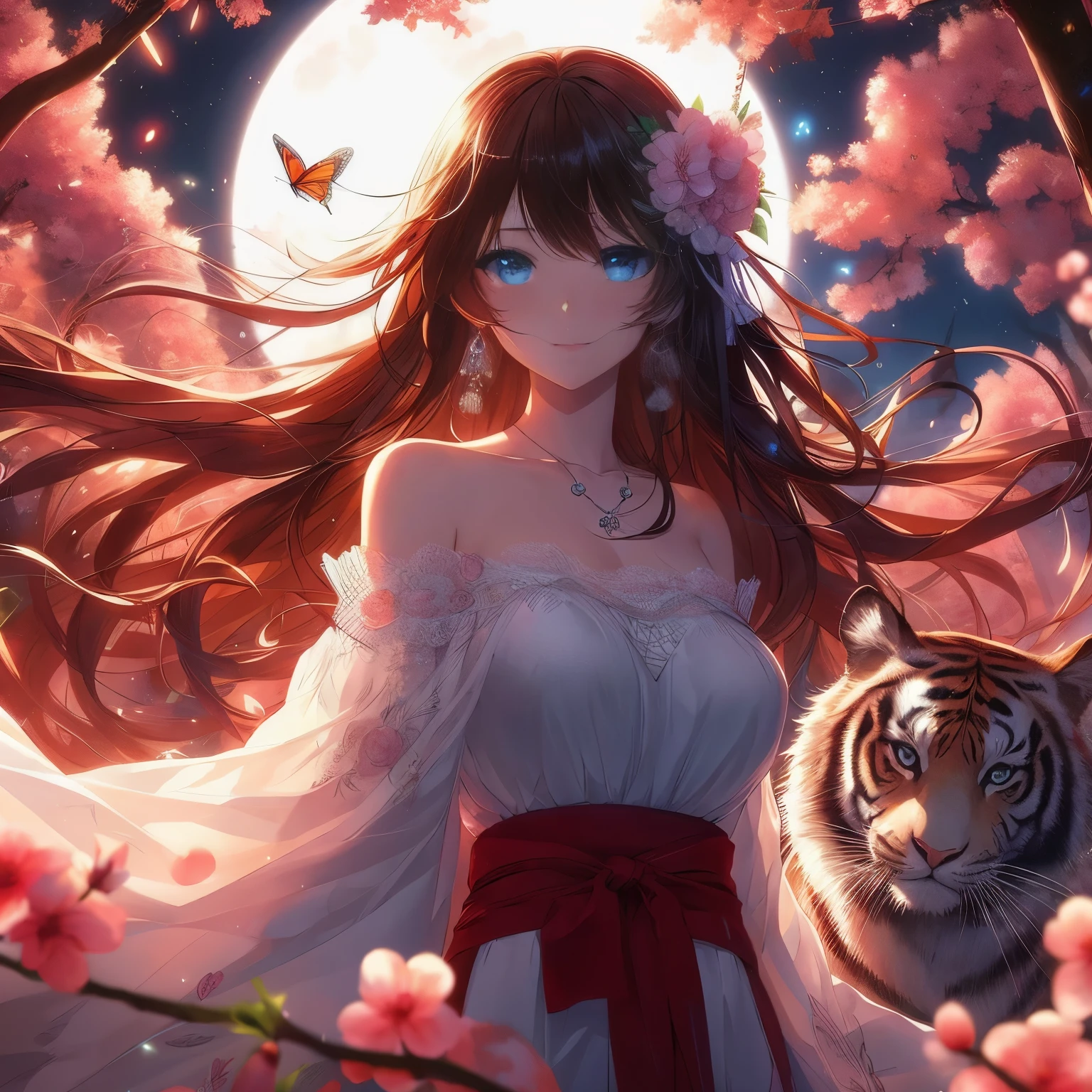 Anime girl with long hair in white dress holding tiger, anime style 4k, Beautiful anime, Beautiful anime style, Beautiful anime girl, anime art wallpaper 8k, Beautiful anime woman, Beautiful anime catgirl, 4k anime wallpaper, anime art wallpaper 4k, Anime Art Wallpaper 4k, Beautiful anime portrait, anime wallpaper 4k, anime wallpaper 4k
