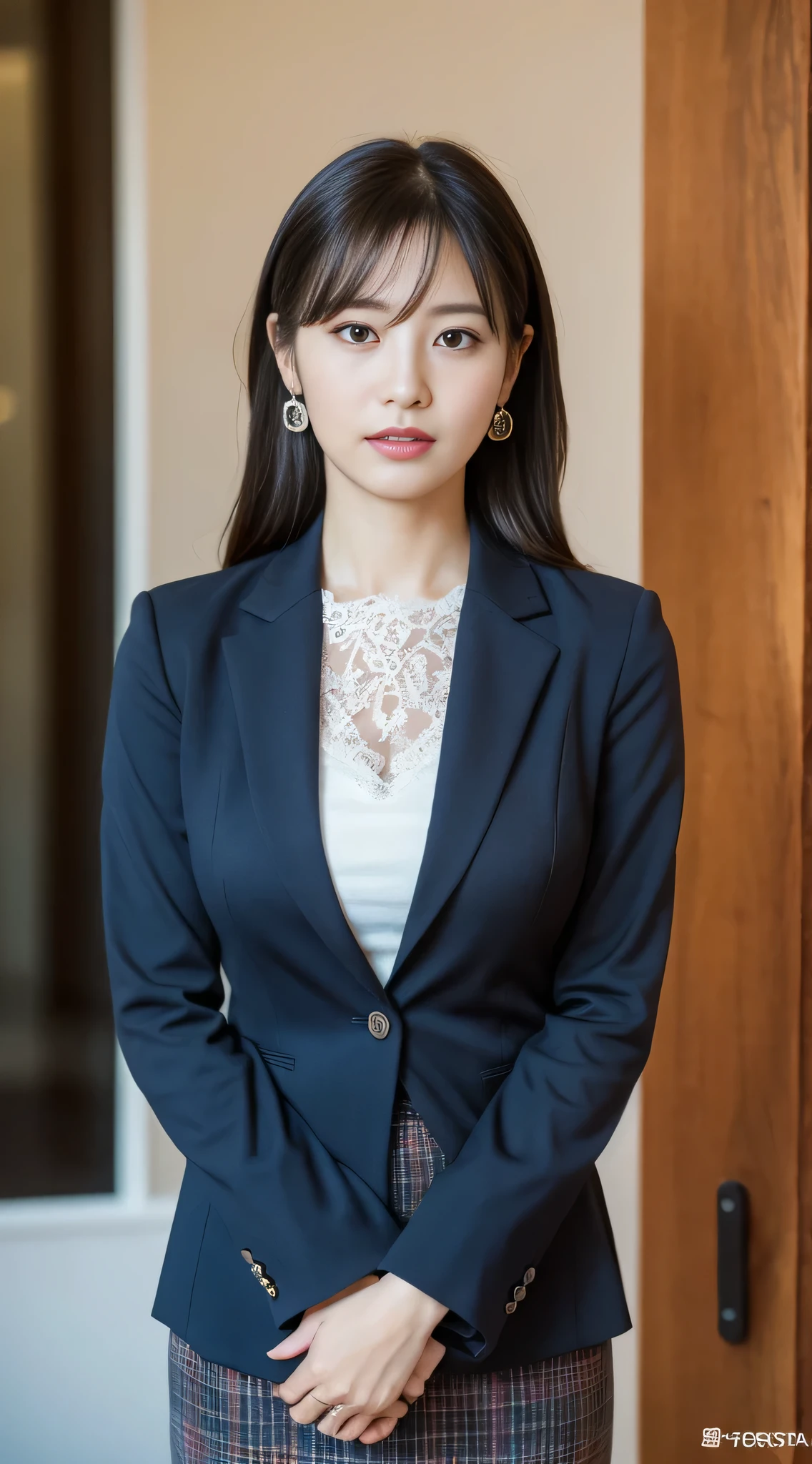 (masterpiece:1.3), (highest quality:1.2), (intricate details:1.2), (surreal:1.2), (professional photos:1.1), very detailed, shape, absurd solution, perspective, black wall background, concentrate, 40 years old, Japanese woman standing upright with her hands folded in front of her body, talking photo, 1 girl, chief executive officer（chief executive officer（CEO, (medium breasts ), long hair, perfect hands, finger details, fine and beautiful eyes, perfect eyes, enchanting eyes, brown eyes, Plain long skirt, In dark blue, (business clothes: 1.2), white shirt, no earrings, wearing a normal skirt, look at the audience, better hand, the chest is hidden,Art by Paul Thomas Anderson, (Shot with Sony A7R II and Sony 16-35mm lens, 1/250 people, f/5.6 、ISO1250)、