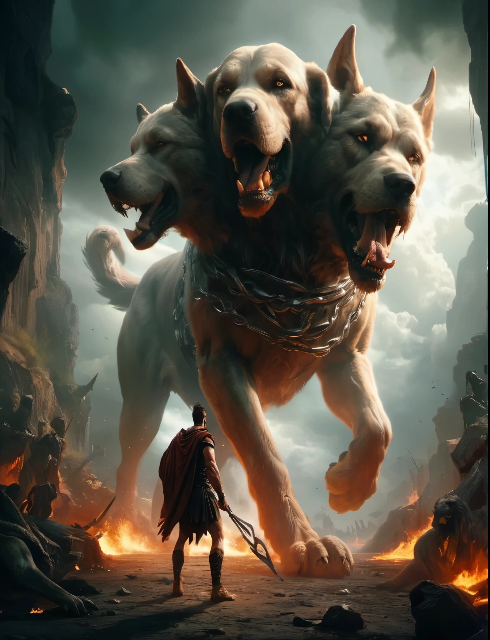 arafed image of a man walking in front of a giant dog, greek myth digital painting, wojtek fus, epic fantasy art, Cerberus (A giant three-headed dog guarding the entrance to the world of the dead), epic fantasy digital art style, epic fantasy illustration, fantasy art behance, epic fantasy sci fi illustration, (Hercules' last task, the final showdown), hades, fire,