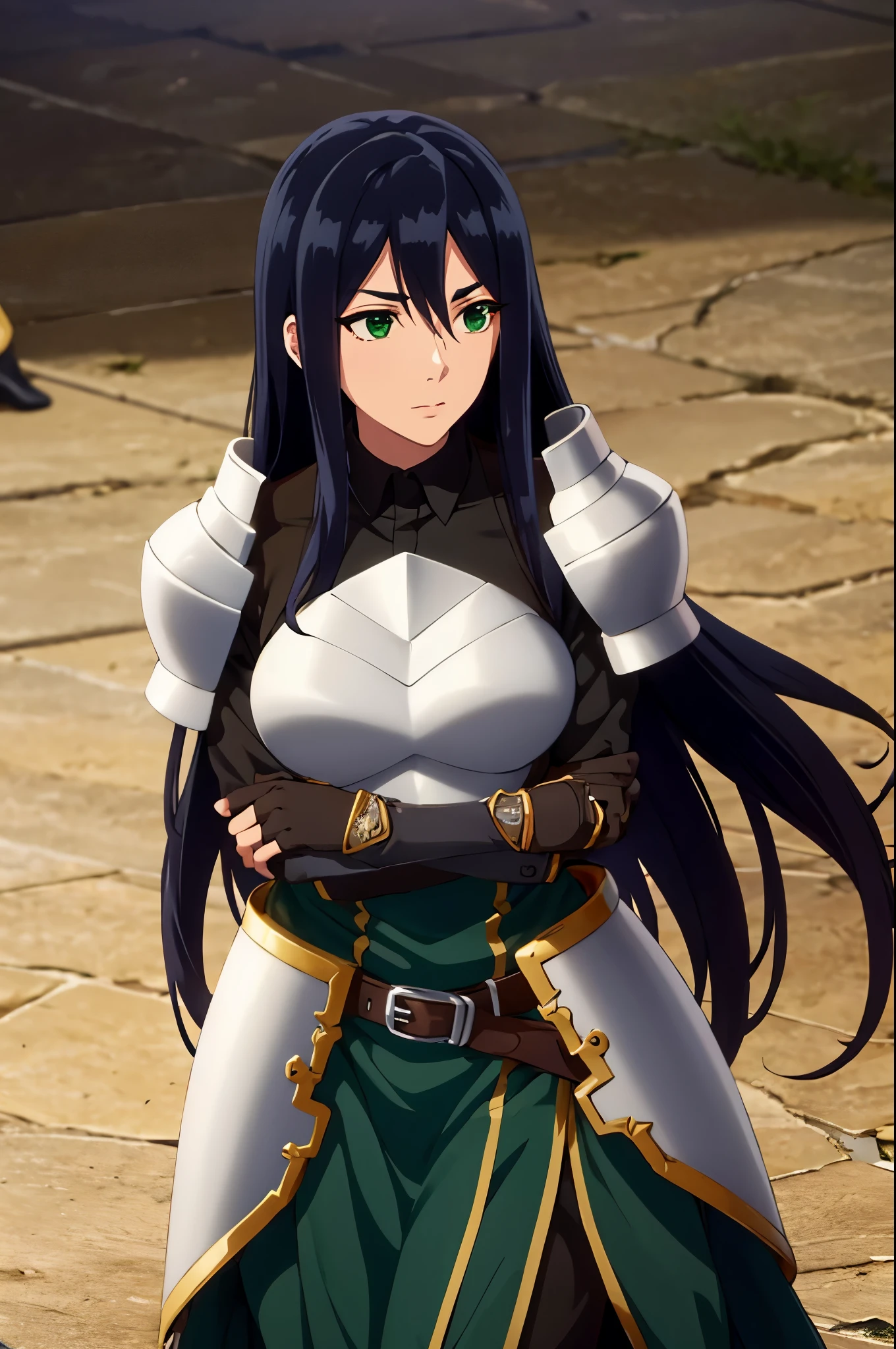 theodoradephilo, theodora dephilo, long hair, black hair, hair between eyes, very long hair, (green eyes:1.3), BREAK gloves, black gloves, belt, fingerless gloves, armor, shoulder armor, breastplate, BREAK outdoors, BREAK looking at viewer, (cowboy shot:1.5), BREAK (masterpiece:1.2), best quality, high resolution, unity 8k wallpaper, (illustration:0.8), (beautiful detailed eyes:1.6), extremely detailed face, perfect lighting, extremely detailed CG, (perfect hands, perfect anatomy),
