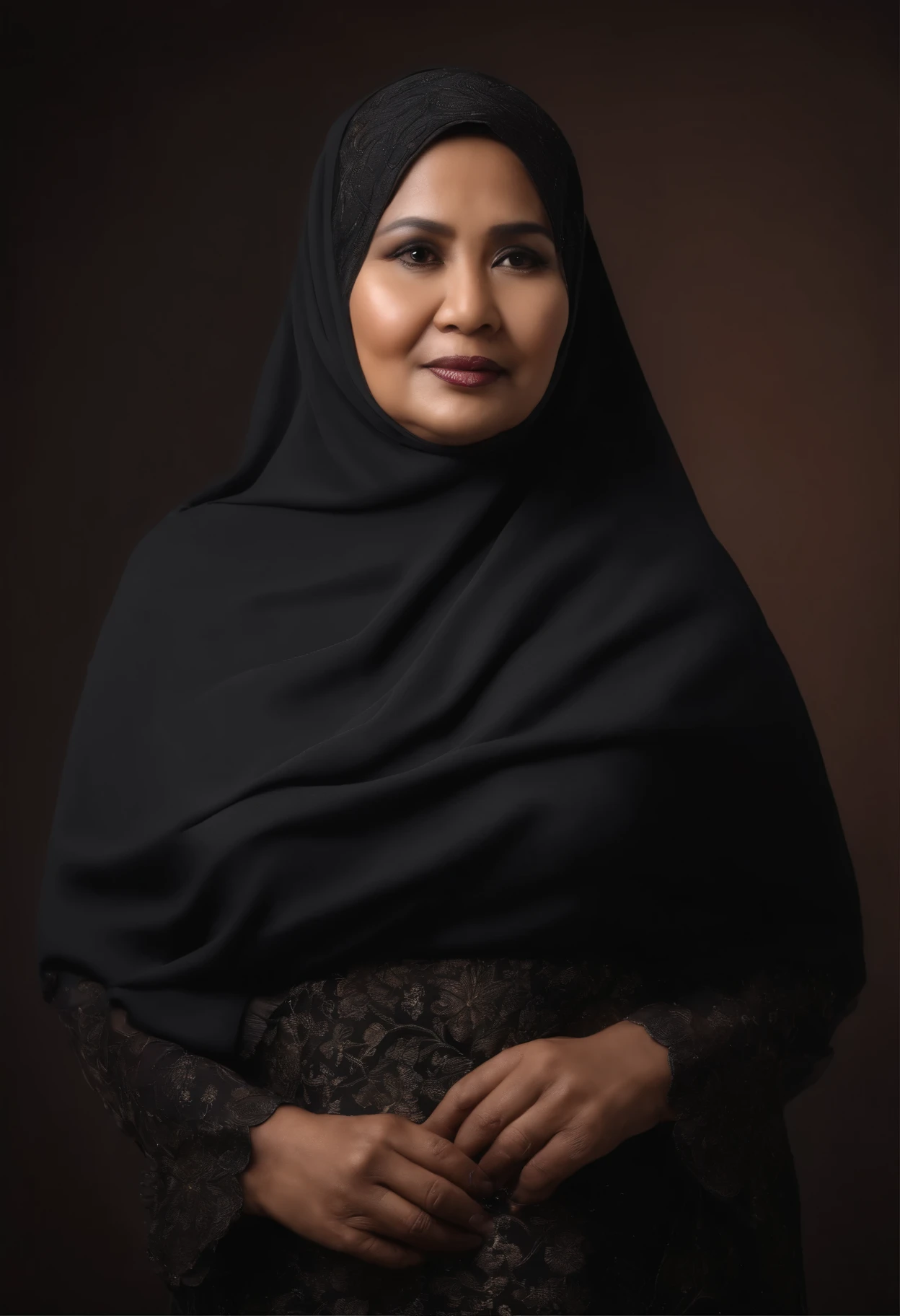 photo of a 50 year old fat Indonesian woman wearing a black hijab and wearing a dress. wrinkle effect on face, detailed effect of pores on face, very realistic, super detailed, ultra HD, 8K Resolution