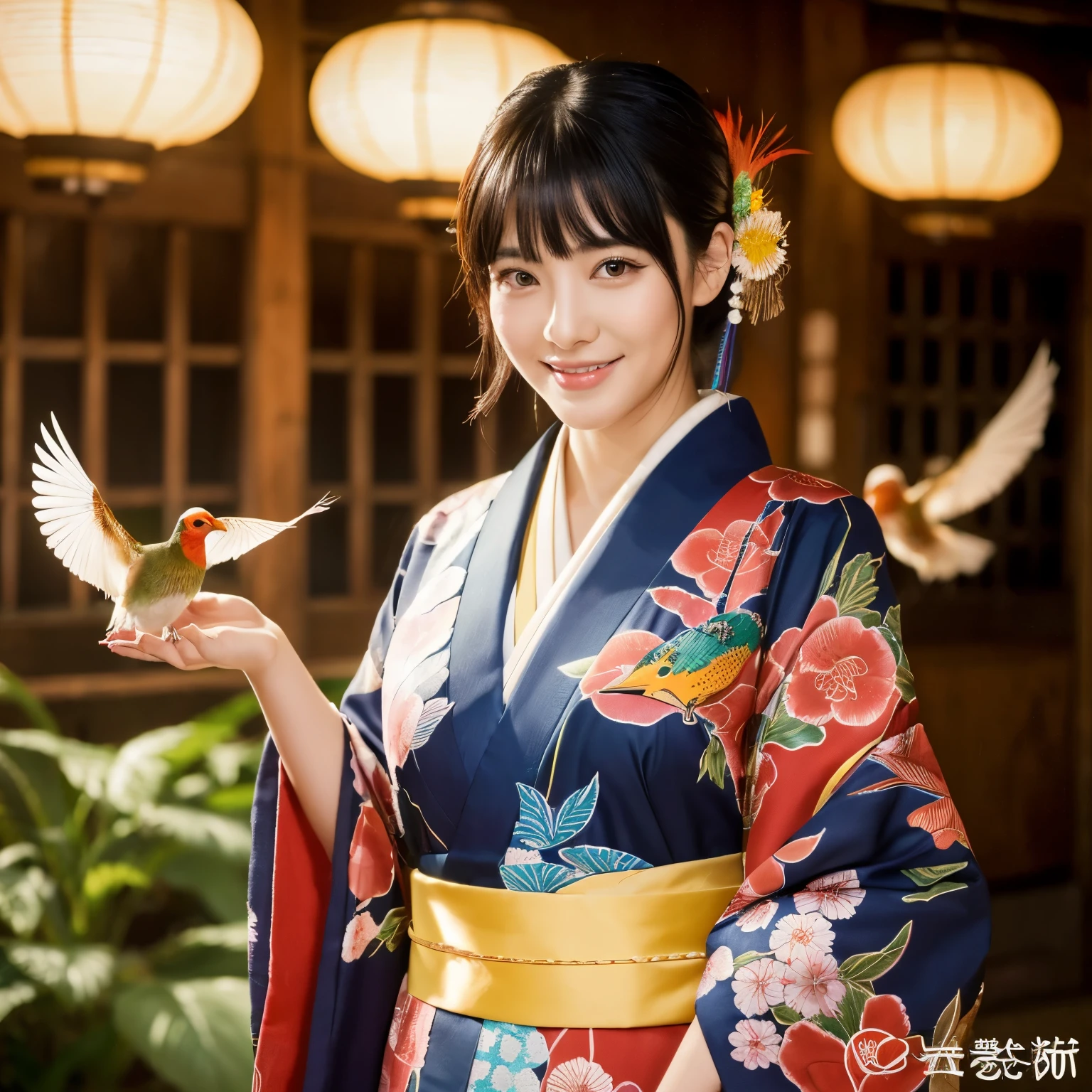 (8k、RAW photo、highest quality、masterpiece:1.5)、(realistic、Photoreal:1.5)、super detailed、超A high resolution、cinematic lighting、(((A beautiful woman with bright bird feathers)))、(((26 year old Japanese woman)))、(((A vivid kimono with a bird motif.)))、、cute smile、Fun and energetic atmosphere、dynamic angle、dynamic lighting、big breasts、cleavage、rural scenery、full body shot、A pheasant&#39;s tail is growing、black hair