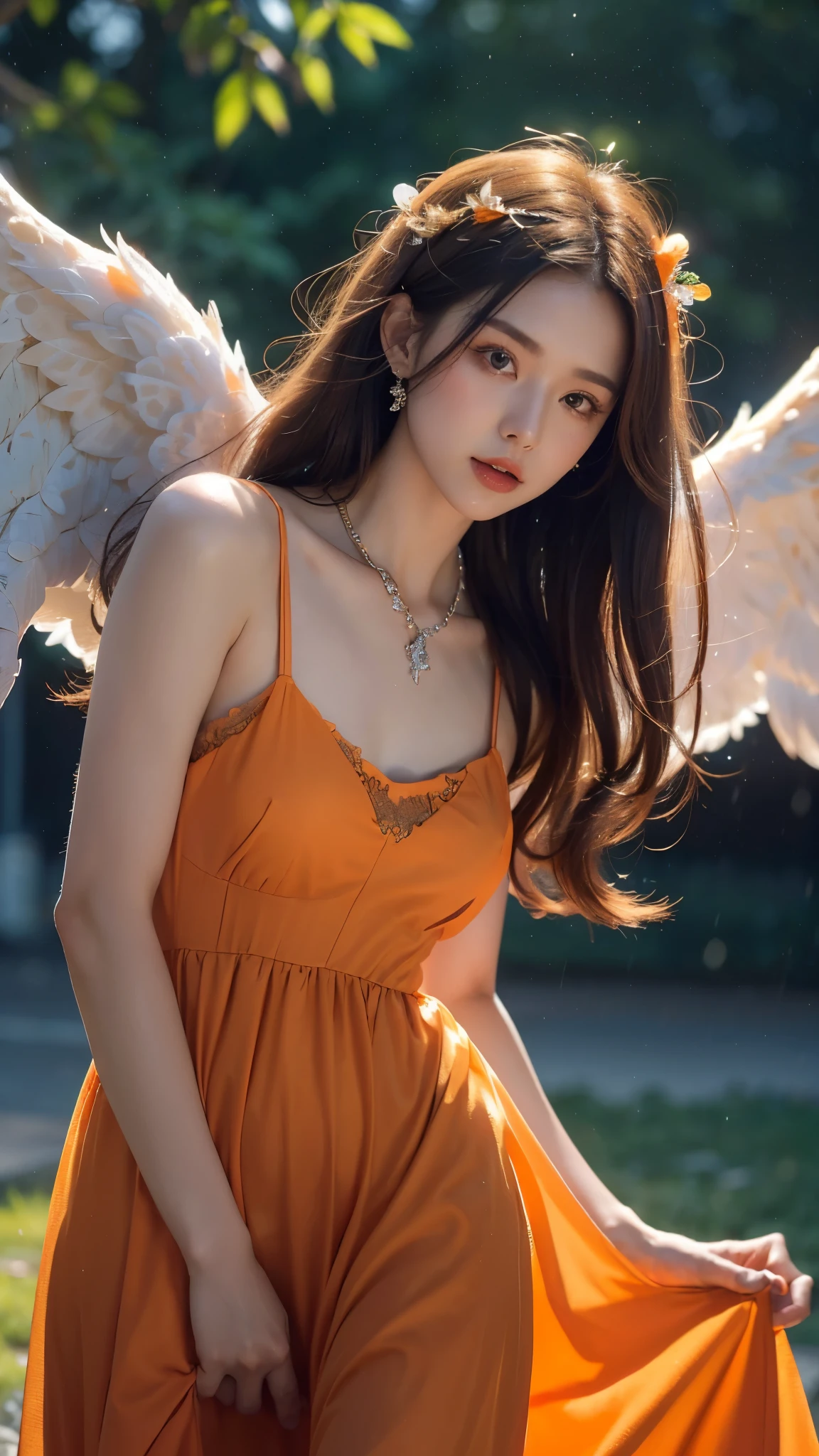 8k ultra hd, masterpiece, a girl, (good face:1.4), detailed, eyes, beautiful lips, very long hair, spreading hair, small breasts, (angel dress:1.5), (orange dress:1.5), necklace, wings, in the park, flying birds, (glowing:1.5), rainy weather,