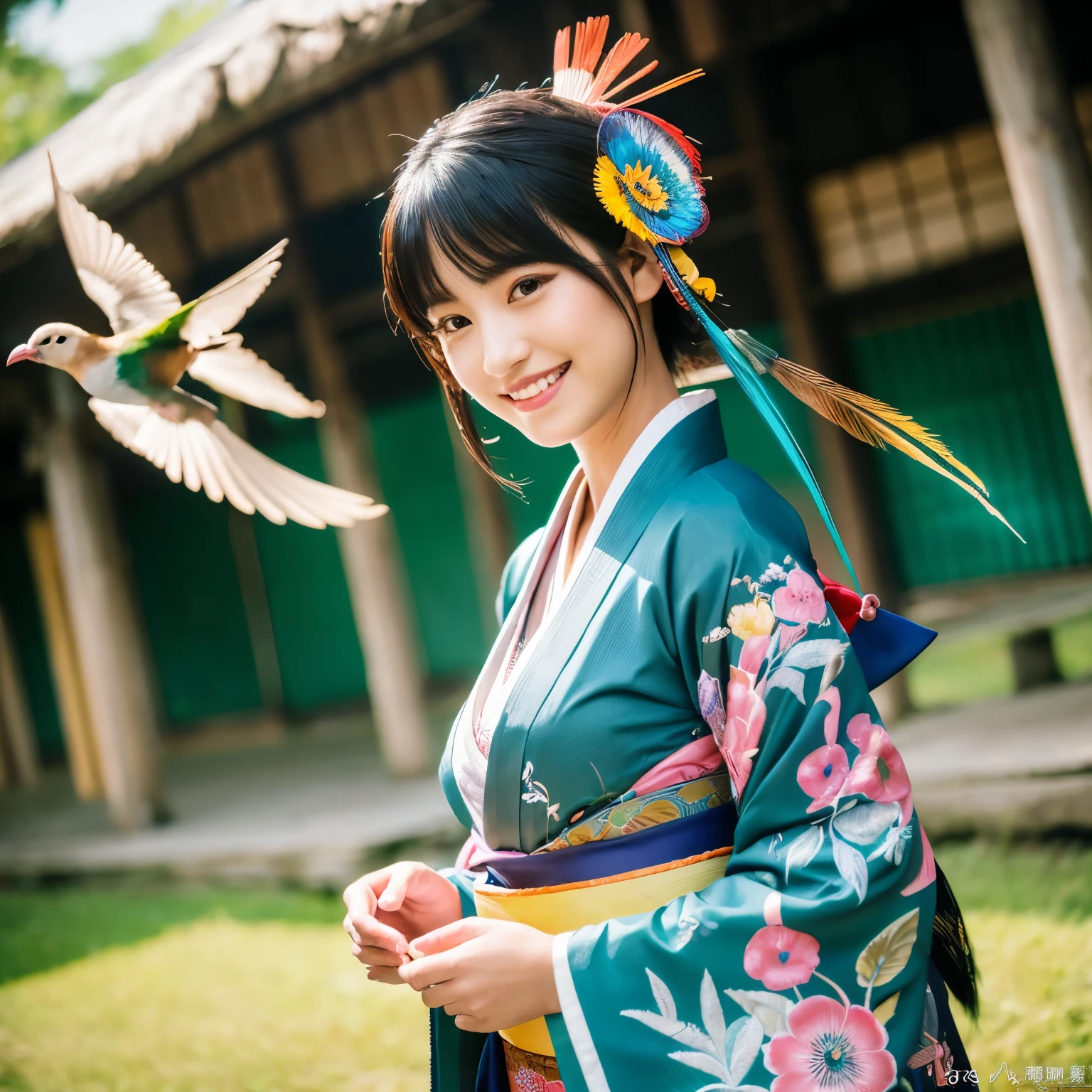 (8k、RAW photo、highest quality、masterpiece:1.5)、(realistic、Photoreal:1.5)、super detailed、超A high resolution、cinematic lighting、(((A beautiful woman with bright bird feathers)))、(((26 year old Japanese woman)))、(((A vivid kimono with a bird motif.)))、、cute smile、Fun and energetic atmosphere、dynamic angle、dynamic lighting、big breasts、cleavage、rural scenery、full body shot、A pheasant's tail is growing、black hair
