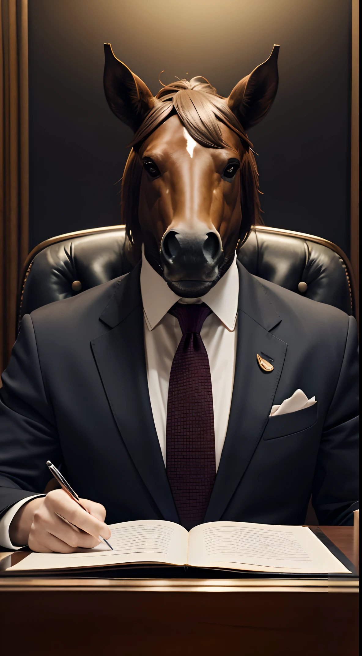 president, president office, sitting behind the president desk, human body, horse head, suit, Animal Anthropomorphism, realistic digital, humanoid, abstract background, global illumination, intricate, epic, dramatic, masterpiece, high detail, best quality, ultra high res
