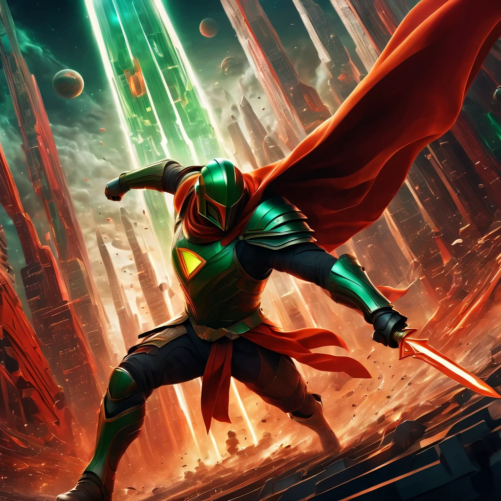 (best quality, highres, ultra sharp), Final Showdown between a heroic warrior and a heroic villain in a intense action, atmospheric perspective in a city inside a infinite battle,, epic action, dark tones of red, brown, orange, green and gray colors, art deco, 3d crunch,