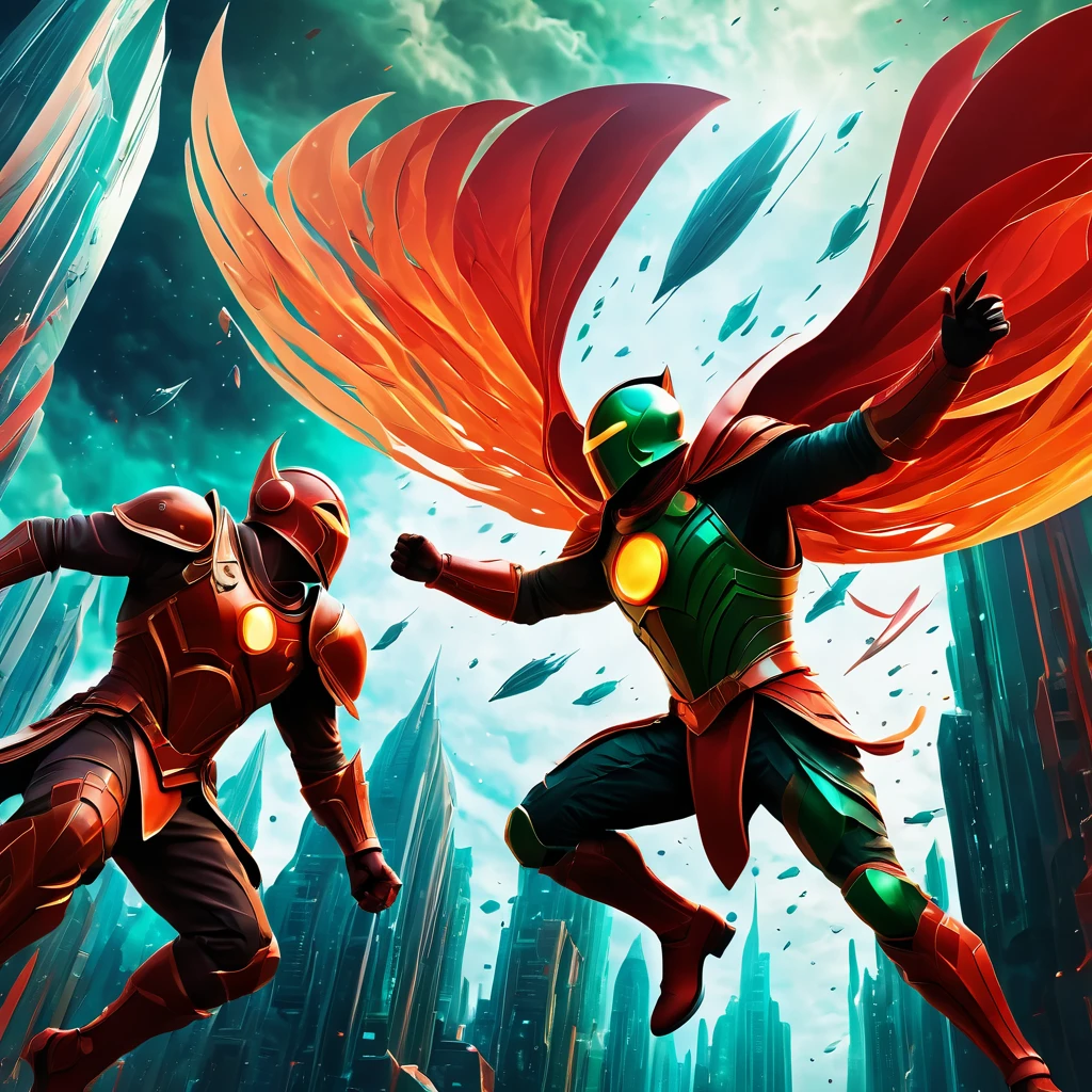 (best quality, highres, ultra sharp), Final Showdown between a heroic warrior and a heroic villain in a intense action, atmospheric perspective in a city inside a infinite battle,, epic action, dark tones of red, brown, orange, green and gray colors, art deco, 3d crunch,