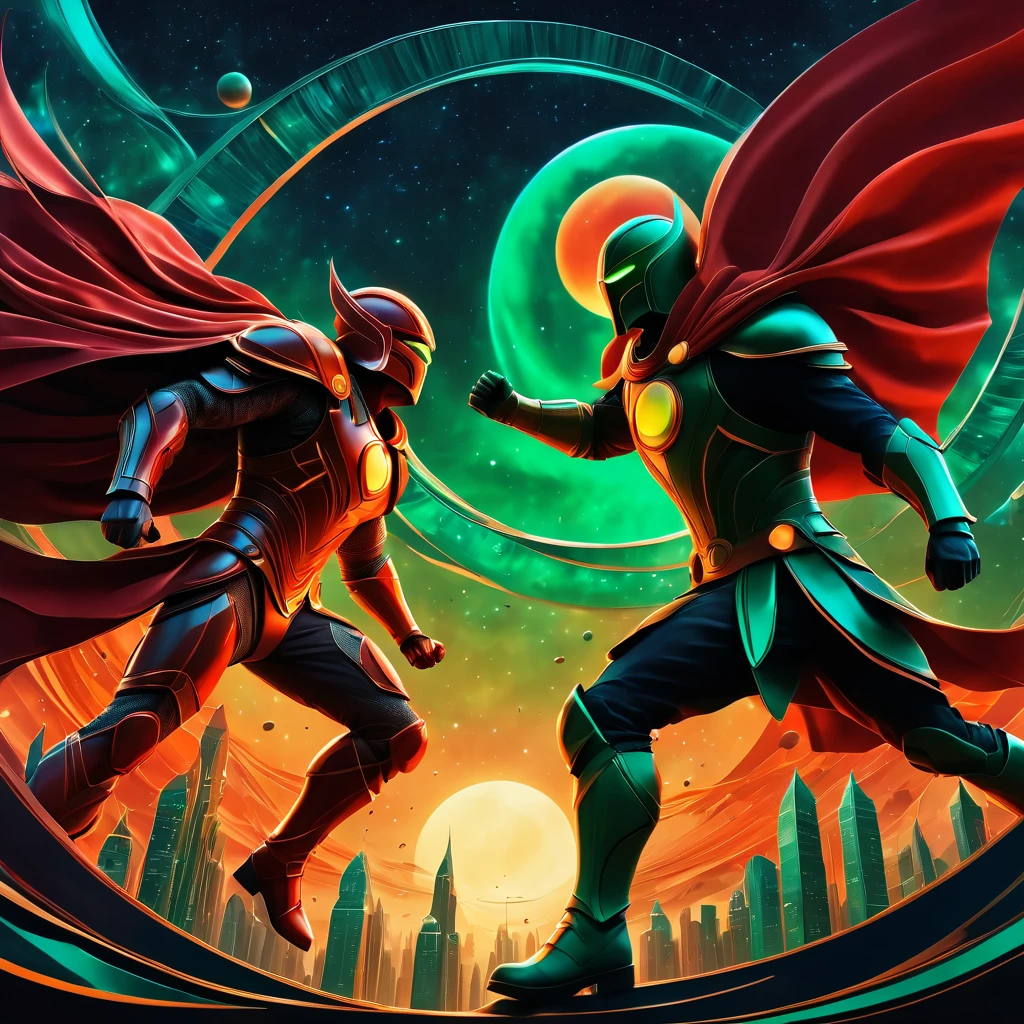 (best quality, highres, ultra sharp), Final Showdown between a heroic warrior and a heroic villain in a intense action, atmospheric perspective in a city inside a infinite battle,, epic action, dark tones of red, brown, orange, green and gray colors, art deco, 3d crunch,