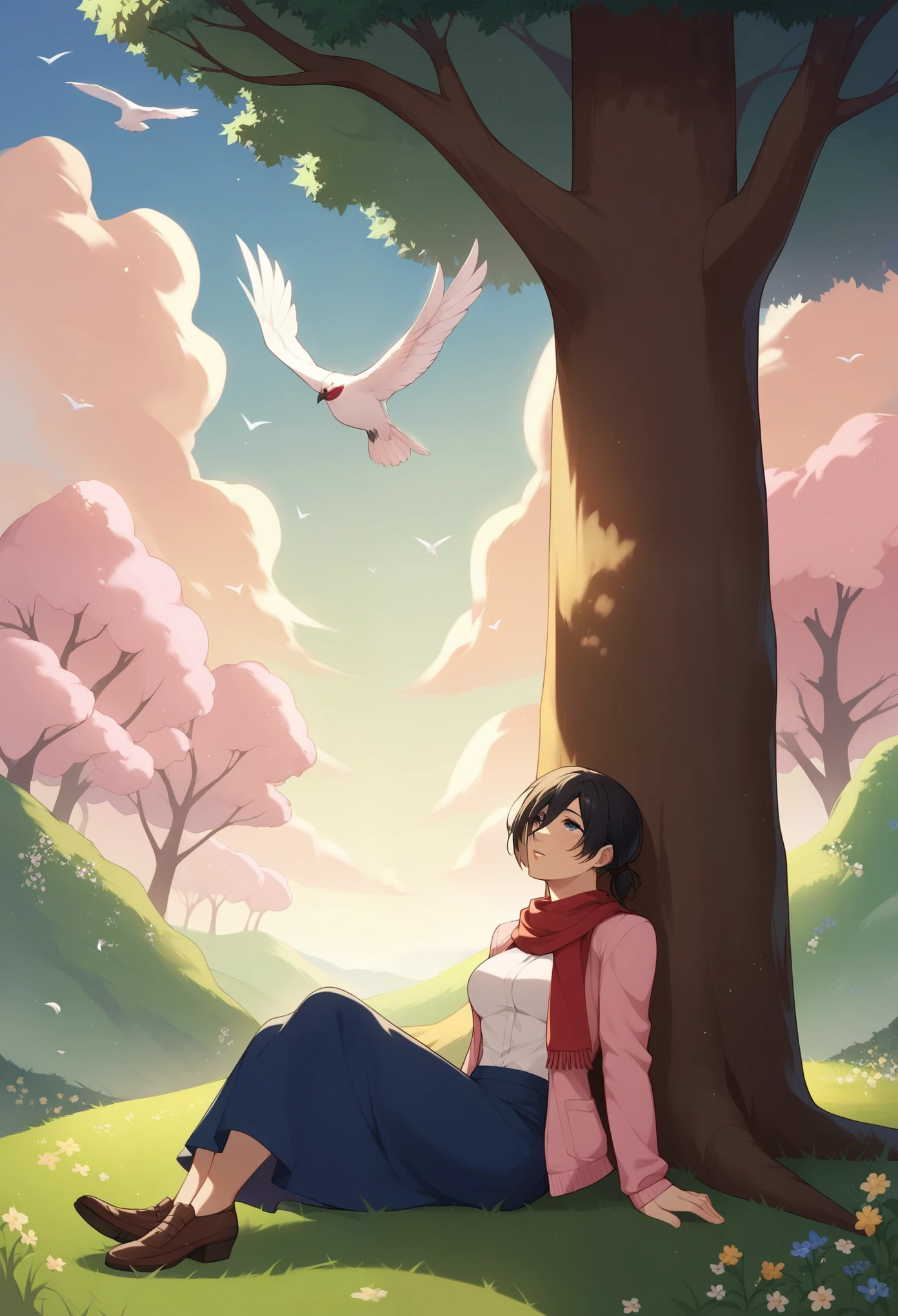 score_9, score_8_up, score_7_up, score_6_up, BREAK, source_anime, rating safe, aesthetic illustration, Mikasa ackerman, short hair, sidelocks, short ponytail, red scarf, pink cardigan, red scarf, blue skirt, sitting, against tree, under tree, big tree, looking up, a white bird flying, sky, cloud, nature, flowers, grass, looking up