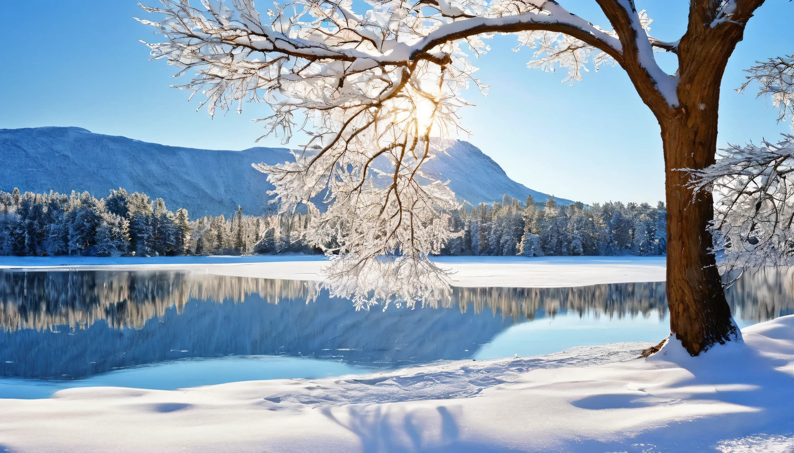snowy scene of a lake and a tree with snow on it, beautiful snowy landscape, warm beautiful scene, winter lake setting, beautiful wallpaper, hd wallpaper, beautiful winter area, very beautiful photo, ice snowy lake setting, winter setting, nature wallpaper, snowy winter, amazing wallpaper, icy lake setting, scenery wallpaper, very beautiful scenery, snow landscape, really beautiful nature