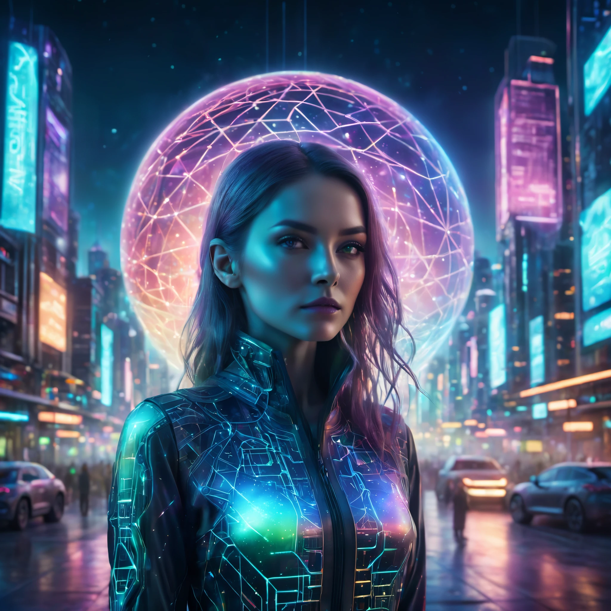 Full height frontal body shot of a woman with a neural network connected to a city of the future, neon multi colours, matrix style. HD, 8k, hyperrealistic, abandoned city. Highly detailed illustration of a hidden world inside planet earth, atmosphere, futuristic city and spaceship in the background, holographic shimmer, whimsical lighting, futuristic ambiance, soft textures, imaginative artwork, ethereal glow, silent Luminescence, whispering Silent, iridescent Encounter, vibrant background, by Skyrn99, rule of thirds, high quality, high detail, high resolution, bokeh, backlight, long exposure.