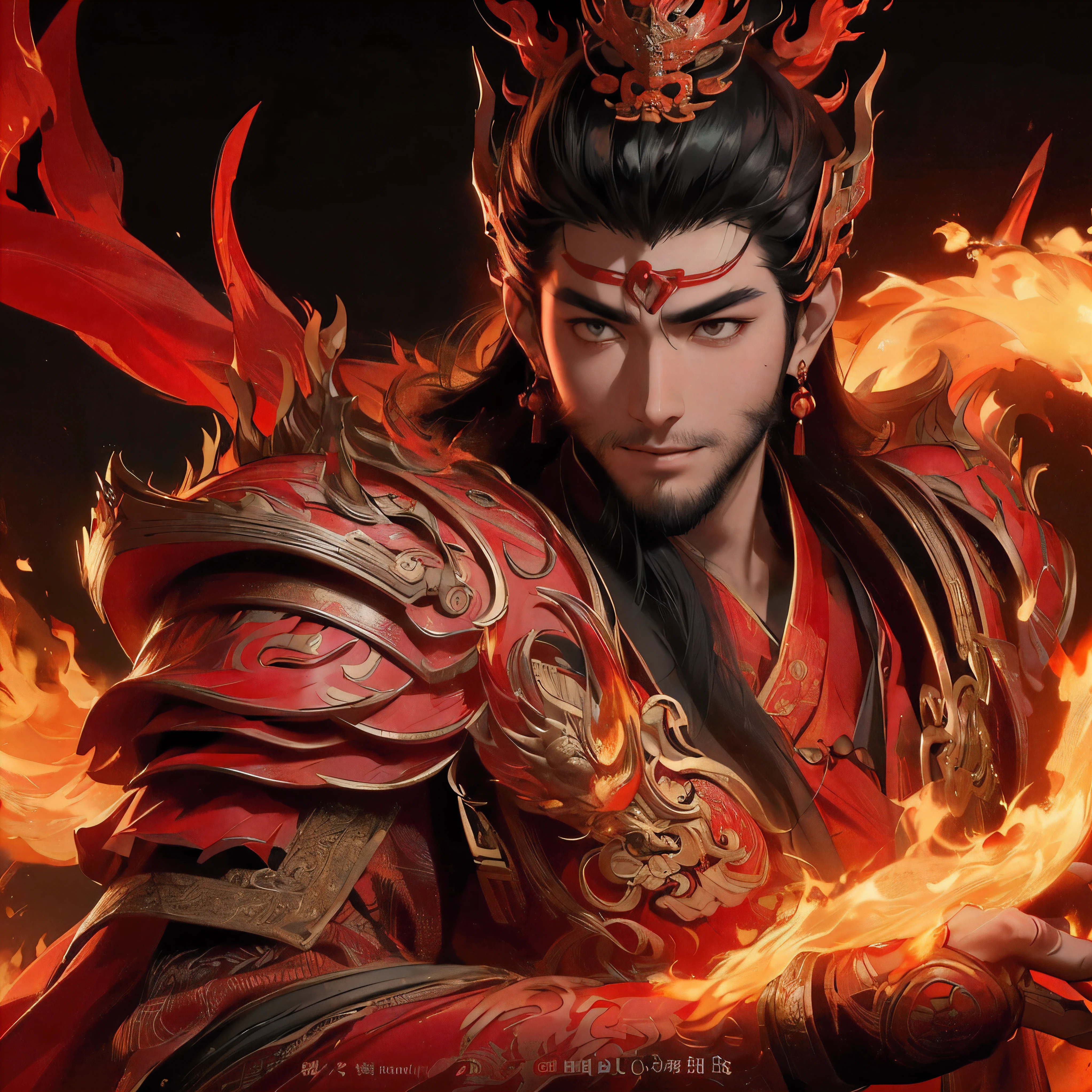(Chinese military commander without a beard:1.2), (Dancing Flames:1.2), (Beautiful young slender Chinese man:1.2), (真っ赤な鎧を着たChinese military commander without a beard:1.2), (fearless smile:1.0), (Flames wrap around my body like a whirlpool:1.2),
(swing your right hand high above your head、Swing your left hand straight down:1.2), (the flame shines brightly in the dark:1.2), (well-proportioned, beautiful body:1.0),