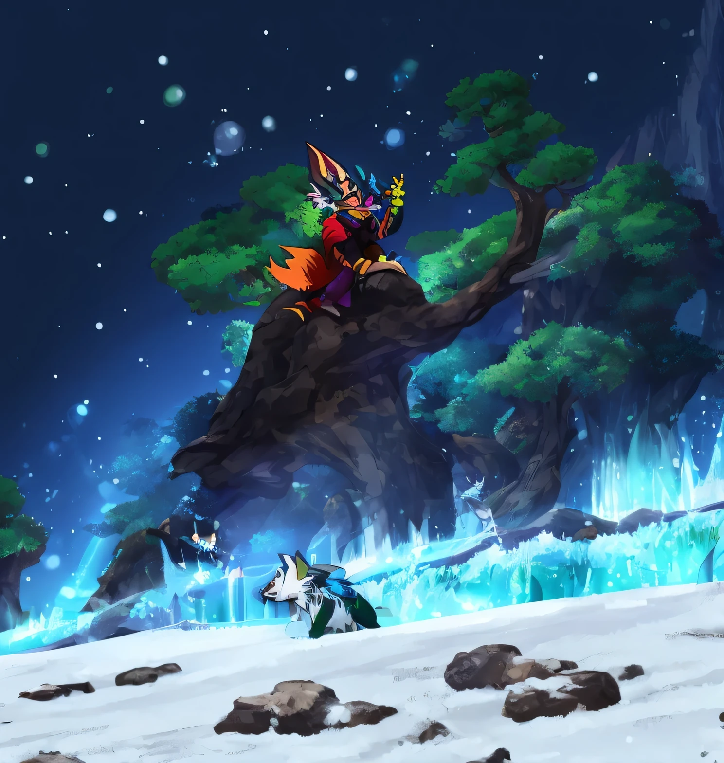 make a magical elemental wolf that is a mix of wolf and nature in green colors, red and blue next to his friend, an old magician with blue clothes, segurando o seu cajado da natureza nas cores verde, azul e vermelho e um gande chapeu pontudo
