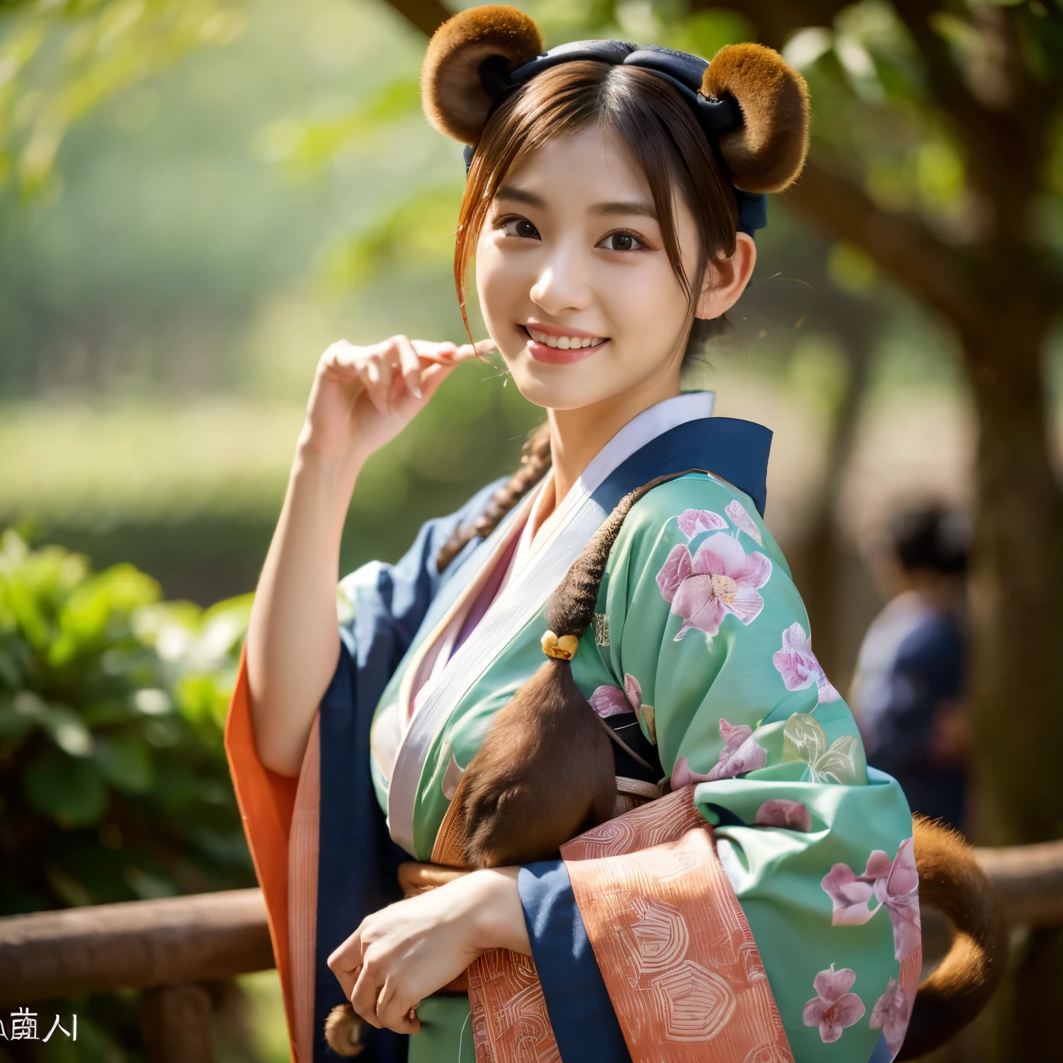 (8k、RAW photo、highest quality、masterpiece:1.5)、(realistic、Photoreal:1.5)、super detailed、超A high resolution、cinematic lighting、(((A beautiful woman with monkey ears)))、(((26 year old Japanese woman)))、(((Wearing a kimono with a monkey motif)))、、cute smile、Fun and energetic atmosphere、dynamic angle、dynamic lighting、big breasts、cleavage、rural scenery、full body shot、A monkey&#39;s tail is growing、brown hair