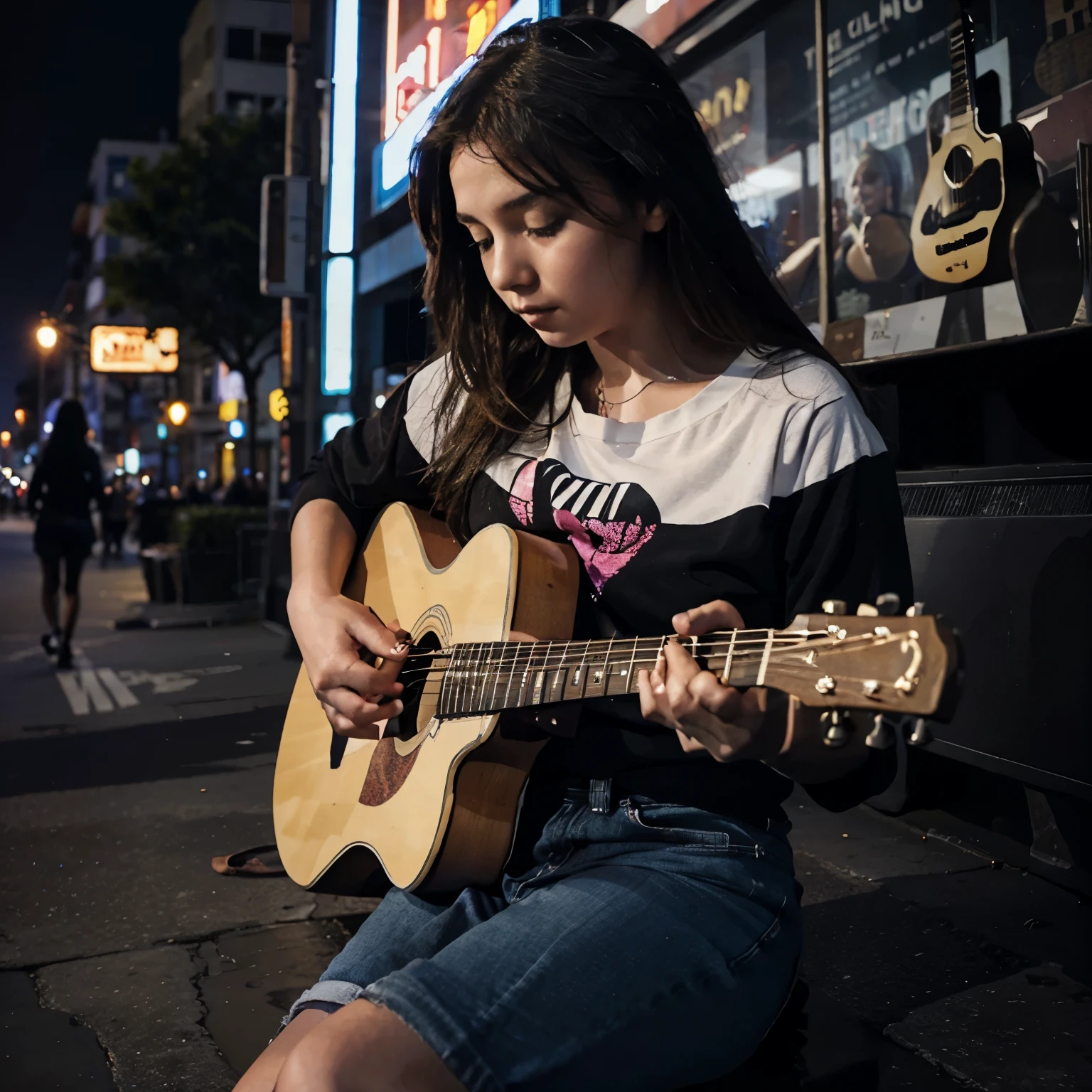 Girl playing guitar in the night city