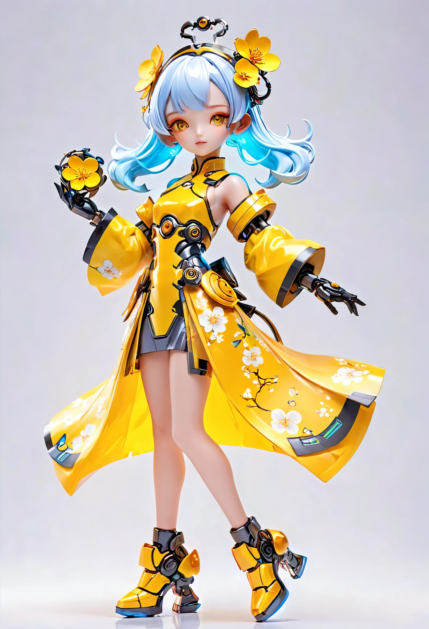 (Blind Box Spielzeug Stil:1.2),full body, solo,white background,(The future of robotic female robots，Beautiful girl face ,yellow Plum Blossom Transparency dress, glowing electronic component,gloves, high heels),(Oriental elements, Chinese color,Very colorful),3D