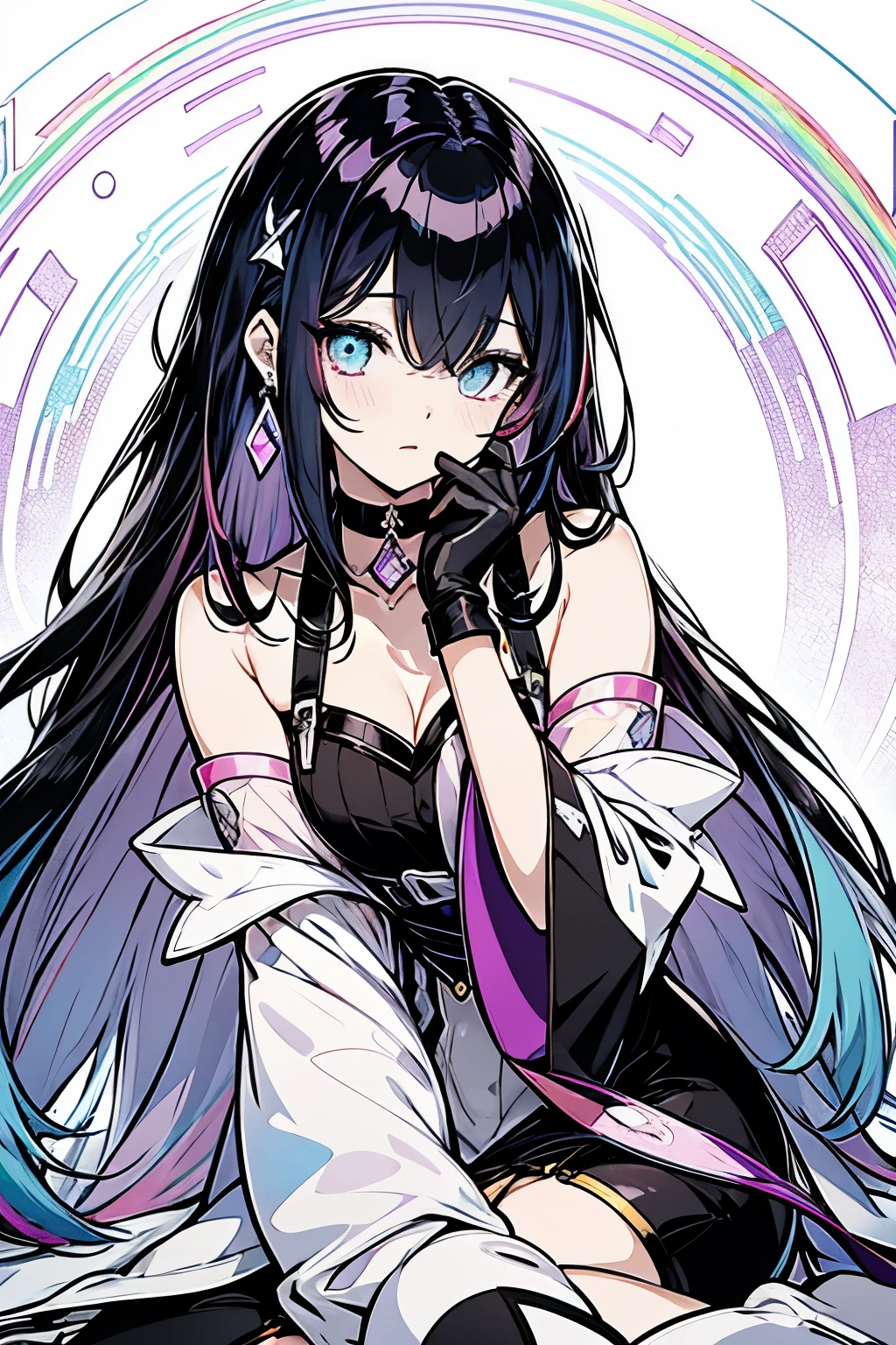 4k, high detail. anime, animeスタイル, 4k , 1Other, pastel rainbow long hair detailed, shine effect, pastel,1Other, blue eyes, choker ,black crystal hair, earrings, jewelry, music, open your mouth, white rainbow hair, long hair, fortune telling, alone, sitting, pastel rainbow long hair, bangs, diamond \(gem\), elbow gloves, eyelash, gloves, gem, looking at the viewer, multicolored eyes, black hair, pastel rainbow hair, shiny, shiny hair, long hair, alone, shine, black hair , shine effect, cute illustration, line drawing, thin line drawing, hand painted perfection, Not a color page