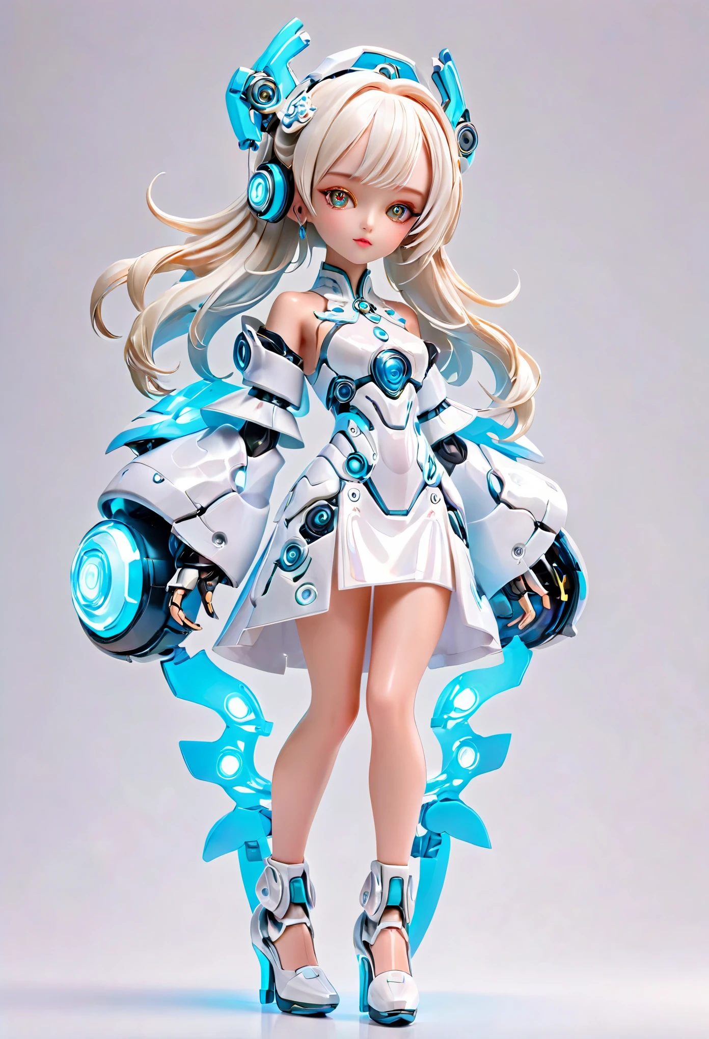 (Blind Box Spielzeug Stil:1.2),full body, solo,white background,(The future of robotic female robots，Beautiful girl face ,white Jasmine Transparency dress, glowing electronic component,gloves, high heels),(Oriental elements, Chinese color,Very colorful),3D