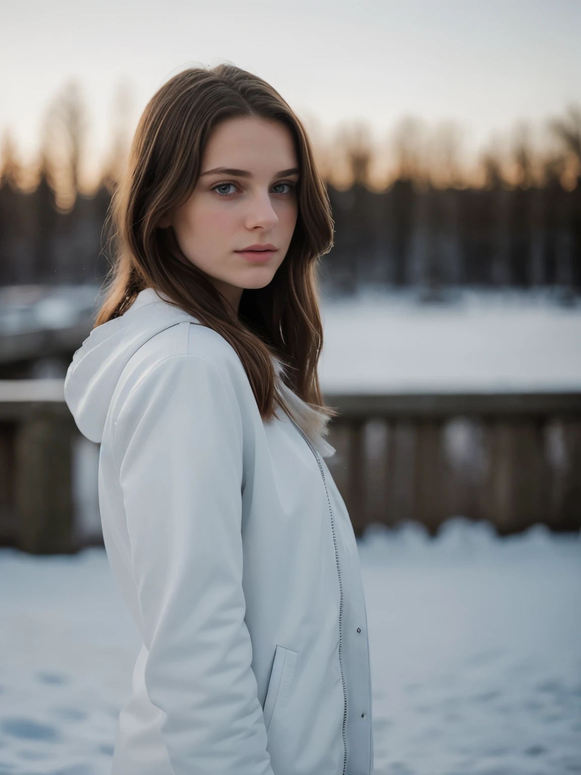 young woman, 16 Jahre alt, iPhone-camera, straight hairs, beautiful, 16 years old, wearing a white jacket, photo from the side, ultra high resolution, (photorealistic: 1.4), high resolution, (finely detailed skin), (perfectly proportions) (photos realistic) (masterpiece) (photorealistic), ultrarealistic (Best Quality) (Detailed) photographed in a Canon EOS R5, 50mm Lens, F/2.8, (8K) (Wallpaper) (Cinematic lighting) (Dramatic Lighting) (Convoluted) Fashion, february, cold light