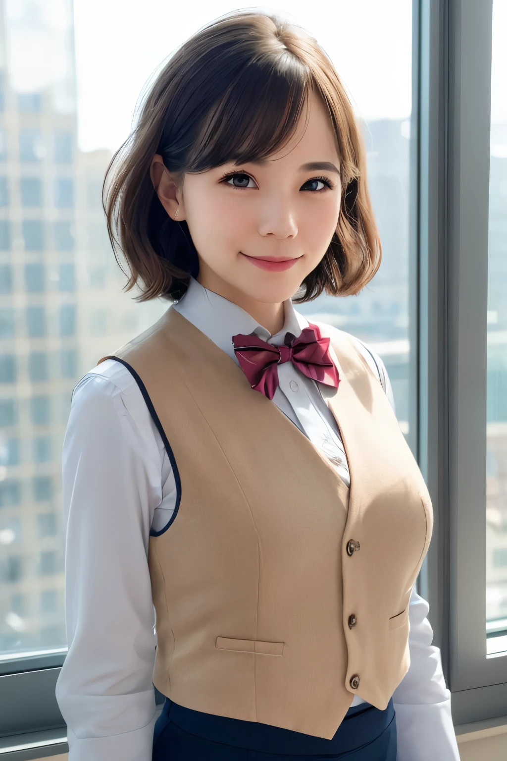 1girl, matured female, vest, bow, photo, realistic, best quality, hires, detailed face, office, buildings from window, detailed background, diffused sunlight, depth of field, bokeh got