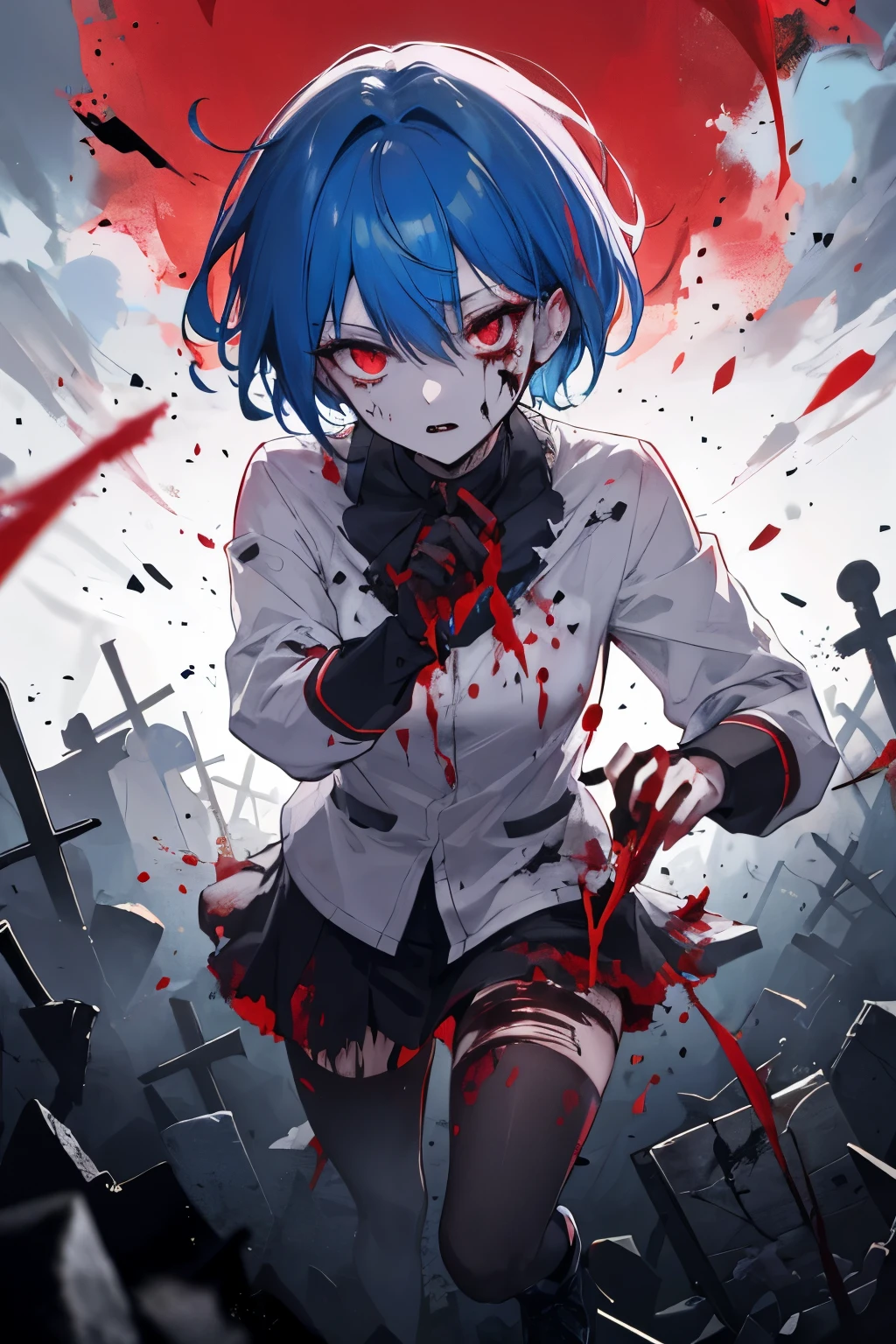 masterpiece, high quality, best detail, japanese anime illustration, a crazy scariest woman with light blue short hair, big smile, blood splattered on face, collar, handcuffs, wearing a hoodie, random pose, (dark depiction), (background:prison, blood stain)