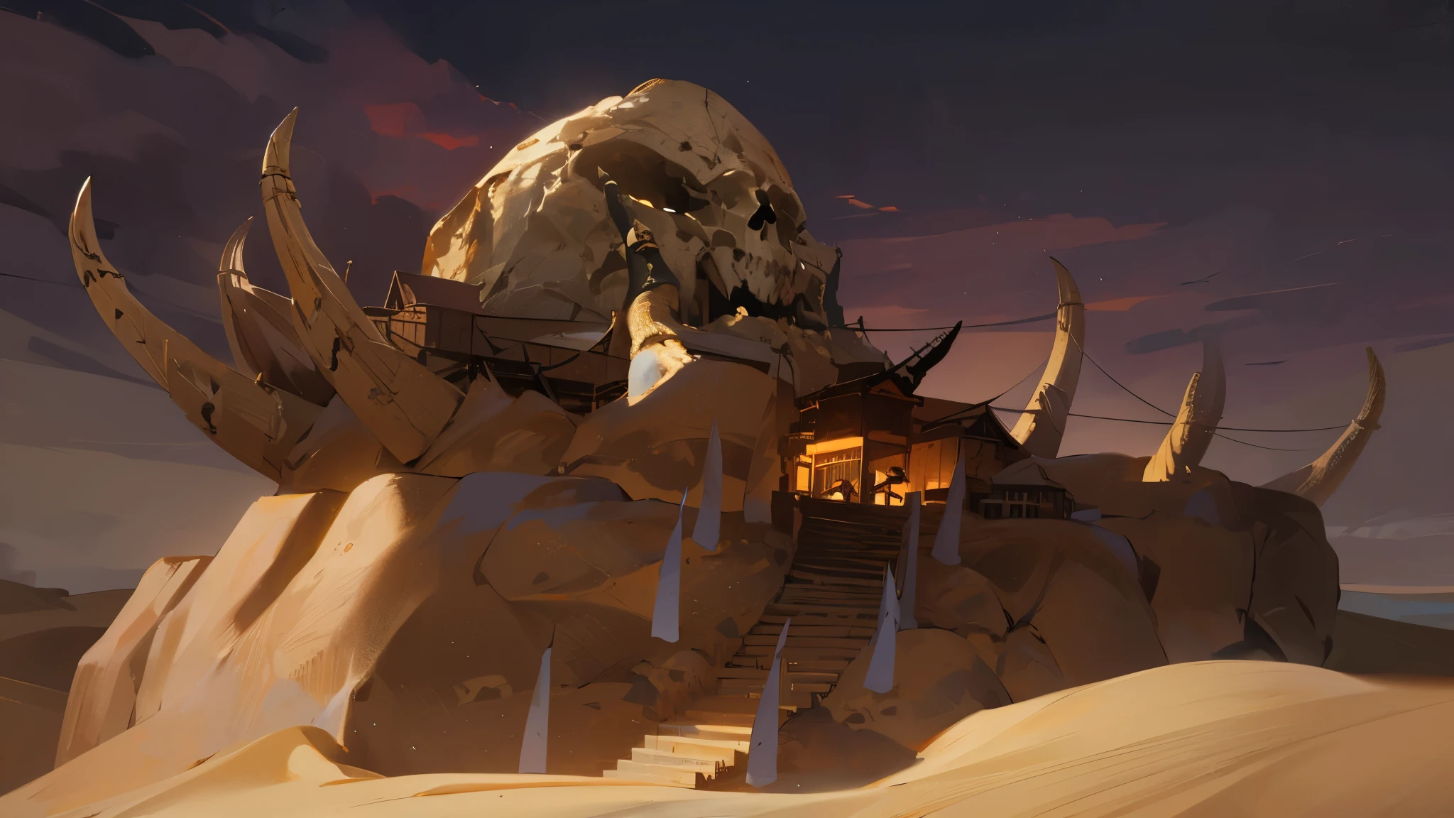 a very very big monster nest made of sand in the middle of desert, (a giant skull on the top of a spooky ground hill), stairs, (a lot of giant sharp bones), (some small stilt house), in the middle of desert, (dark green night sky)