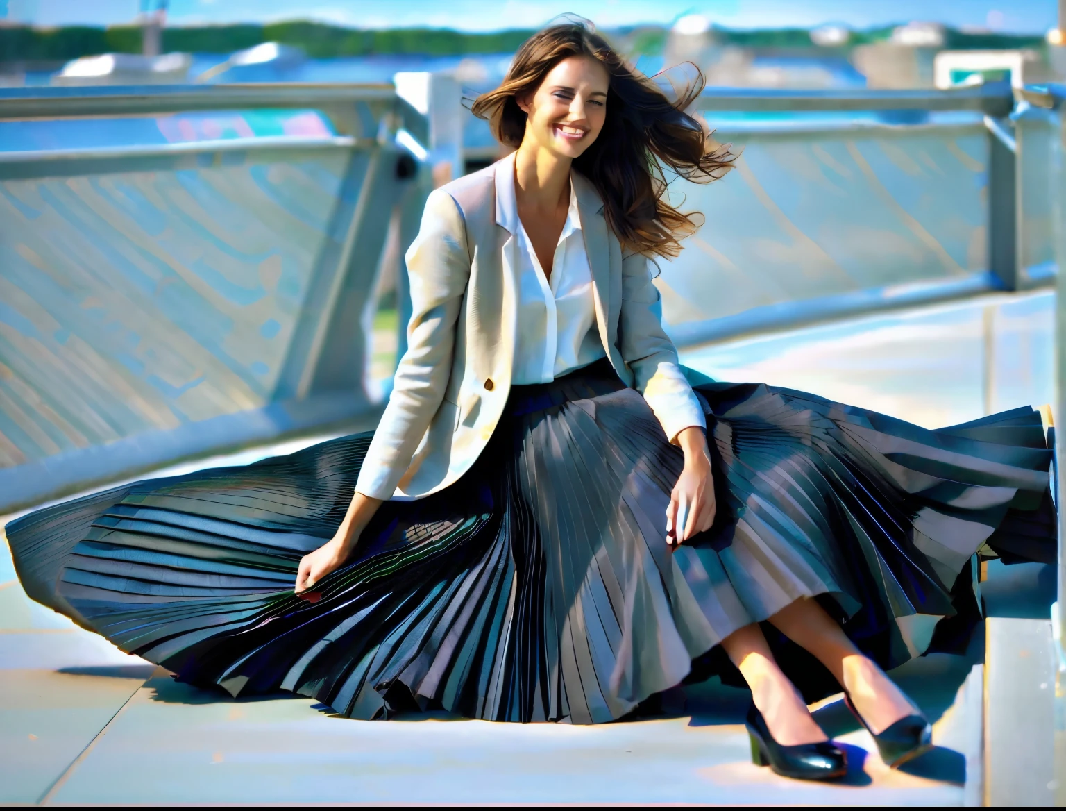 A smiling, authentic, (shy:1,3), kind, beautiful woman, is passionately in love with her skirt, sitting down on the ground while wind lifts her skirt, wearing short blazer and very, very detailed (long (fully pleated) full circle skirt) and (low heeled court shoes), very, very intricate hyper-detailed symmetric (attractive graceful young feminine face) with (sad, tired eyes and a loving smile), very voluptuous breasts, full of empathy and compassion and love, (pronounced (feminine) features), (highly detailed ultra accurate realistic) hands and fingers, (windy), epic composition, highly detailed attributes, (35mm f1.4 Kodak portra 400 photograph), extremely high quality RAW photograph, highly detailed atmosphere, sci-fi, cinematic shot, dynamic lighting, 75mm, Technicolor, Panavision, cinemascope, sharp focus, fine details, 8k, HDR, realism, realistic, key visual, film still, superb cinematic color grading, depth of field