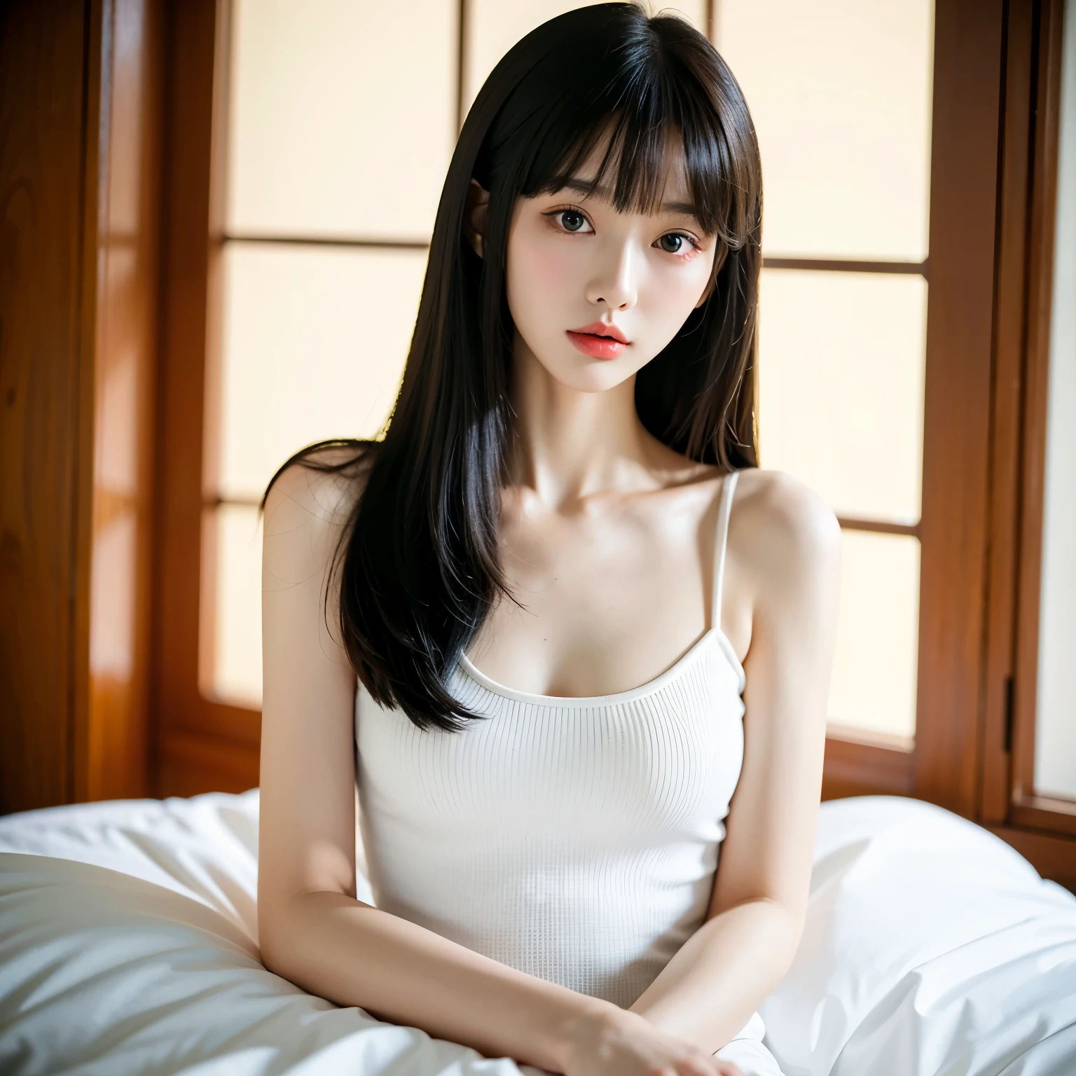 ((Best Quality, 8k, Masterpiece:1.3)), Photorealistic, Sharp Focus, High Resolution, Portrait photography, 35mm film, RAW photo, 1girl, Young Korean girl, Perfect slender body, (Small breasts), Tall, K-pop idol, (POV, Looking at me:1.3), Bangs