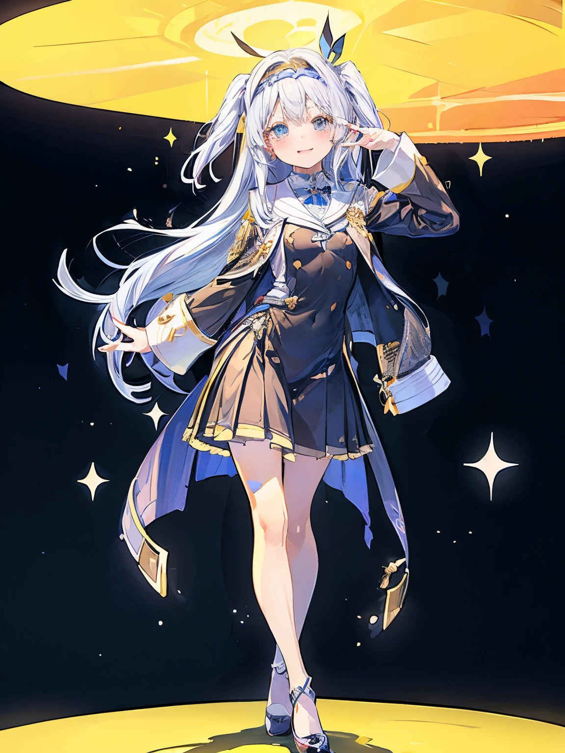 ((4k、8k、highest quality、perfect fingers: 1.3、perfect anatomy: 1.3、background blur))、(conversion sequence)、((beautiful slender girl、shy laugh、Cute big droopy eyes、Two side up straight long hair、16 year old girl、small breasts))、((deacon uniform、long sleeve、luxuriously decorated headband))、(High leg)、Are standing、full body description、wide shot、Inside the aristocratic hall、