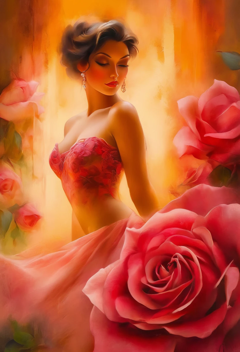 (heightened senses:1.2,intense gaze:1.1) A captivating woman depicted in an oil painting, with an emphasis on the (busty cleavage,closeup:1.1) ample and alluring cleavage. The painting showcases (rose tattoo:1.1) a delicate rose tattoo adorning her skin. The image is of (highres) high resolution, allowing for (detailed) intricate details to be captured flawlessly. (dreamy lighting) Soft, ethereal lighting subtly illuminates her features, creating a sense of (heightened senses:1.2) heightened sensuality. The color palette consists of rich, (warm colors) warm tones that exude elegance and sophistication. The woman possesses an aura of timeless beauty, with (intense gaze:1.1) an intense gaze that captivates the viewer. The overall atmosphere is (beautiful) beautiful and inviting, offering a glimpse into a world of grace and allure. The artwork is a (perfect breastesmerizing portrayal of feminine allure and allure.