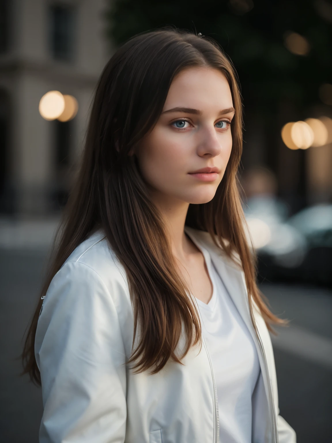 young woman, 16 Jahre alt, iPhone-camera, straight hairs, beautiful, 16 years old, wearing a white jacket, photo from the side, ultra high resolution, (photorealistic: 1.4), high resolution, (finely detailed skin), (perfectly proportions) (photos realistic) (masterpiece) (photorealistic), ultrarealistic (Best Quality) (Detailed) photographed in a Canon EOS R5, 50mm Lens, F/2.8, (8K) (Wallpaper) (Cinematic lighting) (Dramatic Lighting) (Convoluted) Fashion, march