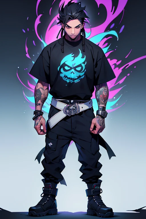 hombre delgado, barba perfectamente recortada, pelo largo en corte ninja con trenzas , black hair color at the roots. con tatuajes en los 2 hombros pecho y pierna derecha, ropa estilo urbano playera en color blanca y una negra arriba de la blanca, ecko black denim pants, botas timberland en color crema, 1.65 estatura. (rapper) (urbano style) (animated) ((style anime)) graffiti spirit secret art death painting 30% de cibor futurista, humano ft robot futurista, hero soldier, hombre rapero ninja futurista.(((HD, 4K, REAL))) (8K) ULTRA DEFINIDO. magia mistica (cuerpo completo)full body skinny spirit of fire. qui azul, de pie cuerpo de pie.