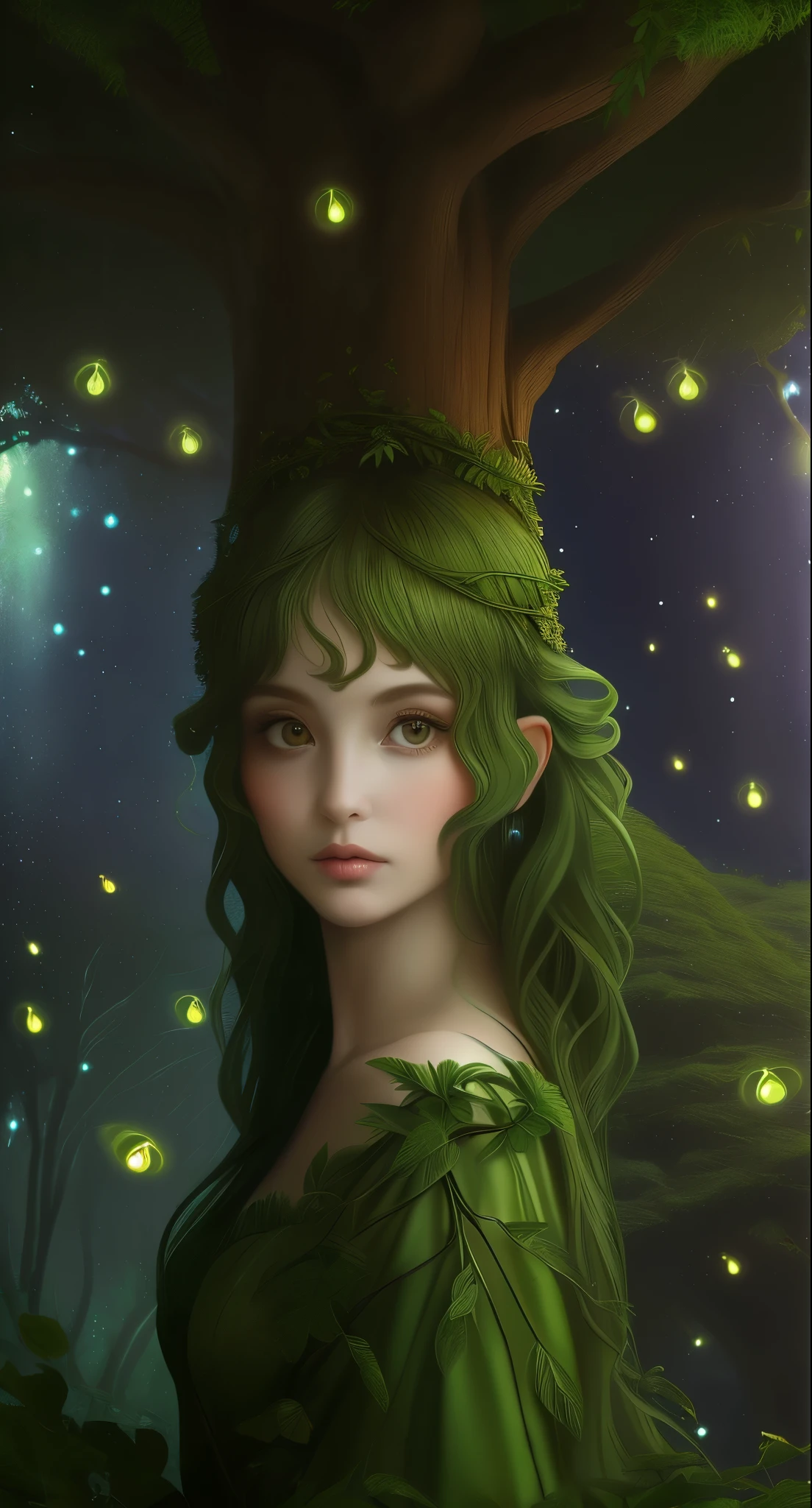 (symmetrical:1.3), (cute cartoon style:1.3), (solo:1.3), beautiful (((dryad inside a tree))) stands tall amidst a symphony of vibrant flora, (adorned with intricate flowing vines and leaves), she radiates an aura of strength and grace, her eyes reflect a deep connection with the natural world, gentle breezes rustle through her verdant crown, she stands as a beacon of harmony, a guardian of the earth's precious ecosystemoonlit)) forest clearing, ((fireflies)), (absurdes:1.5), More Detail