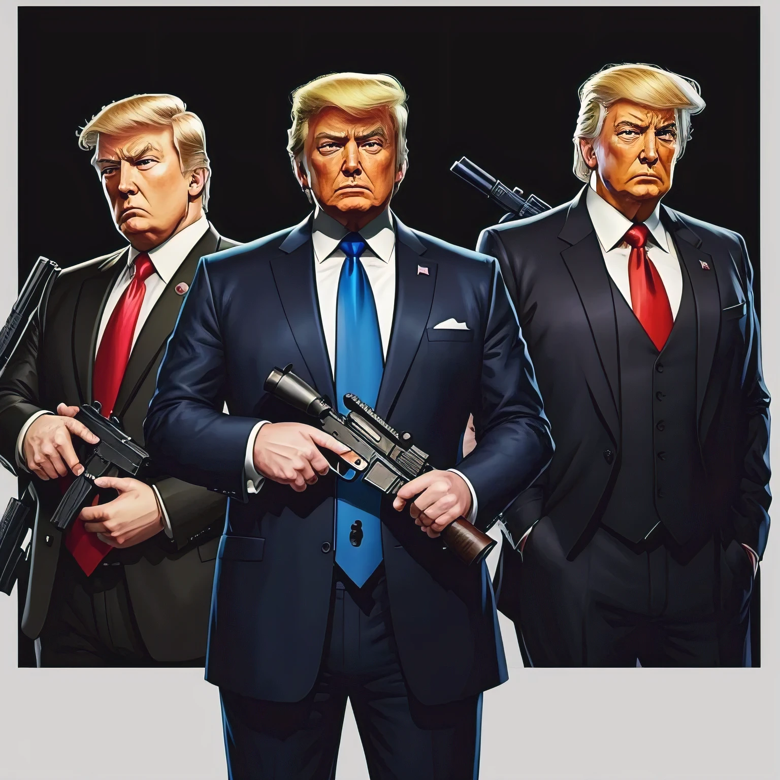 arafed image of a man in a suit and tie holding a gun, trump with a gun, donald trump as baron harkonnen, painting of donald trump, donald trump fortnite skin, portrait of trump, donald trump portrait, portrait of donald trump, donald trump in gta v, he has a pistol, president donald trump, donald trump in fortnite