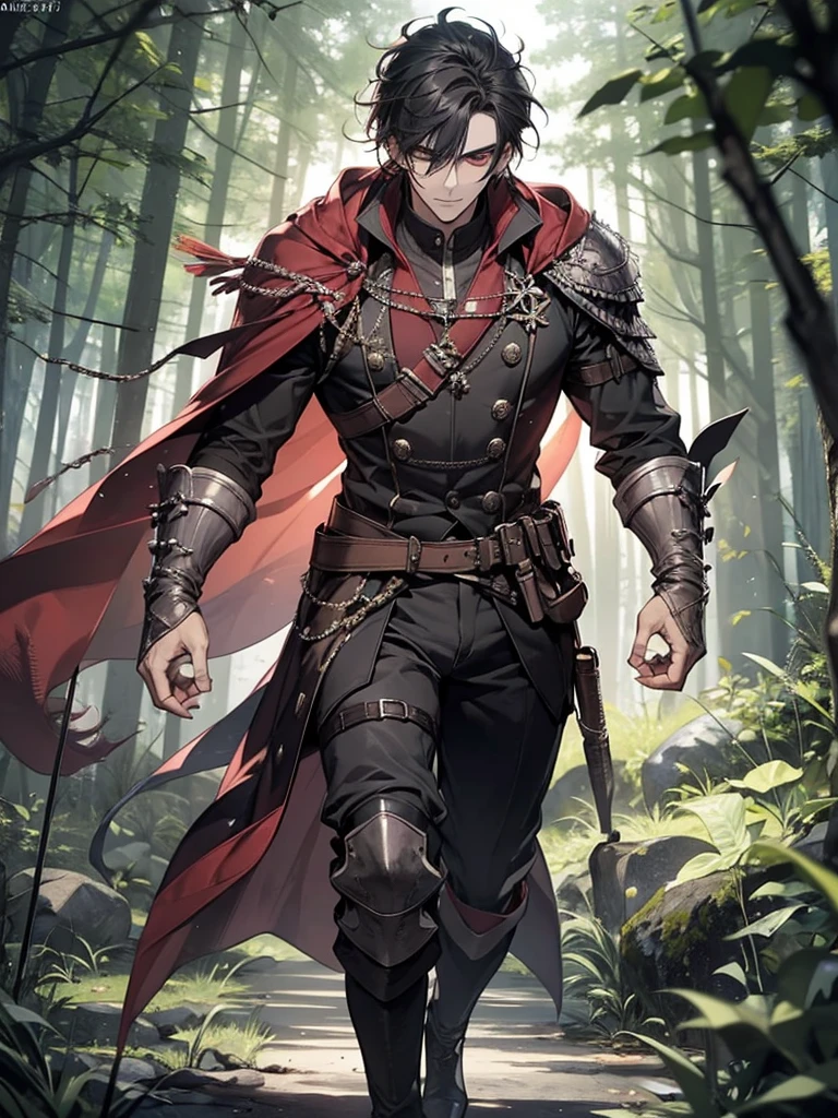 1 male, calm, adult face, tall, handsome, messy black hair with bangs, crimson red eyes, wearing black, in a dark forest, medieval fantasy, full body, big bulge