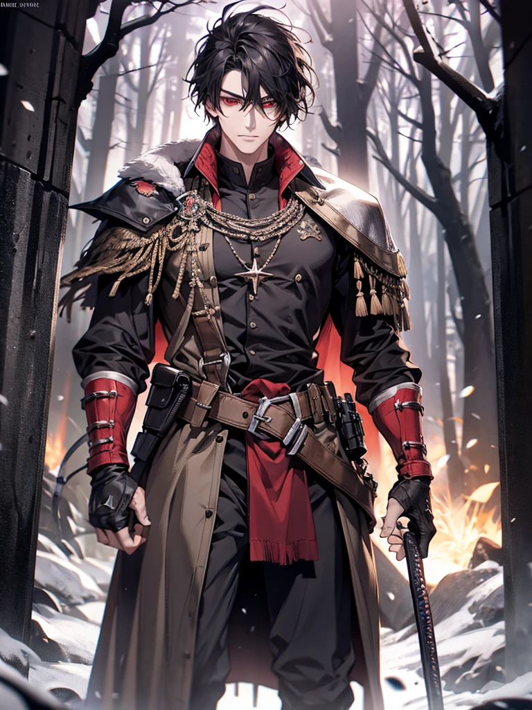 1 male, calm, adult face, tall, handsome, messy black hair with bangs, crimson red eyes, wearing black, in a dark forest, medieval fantasy, full body, big bulge