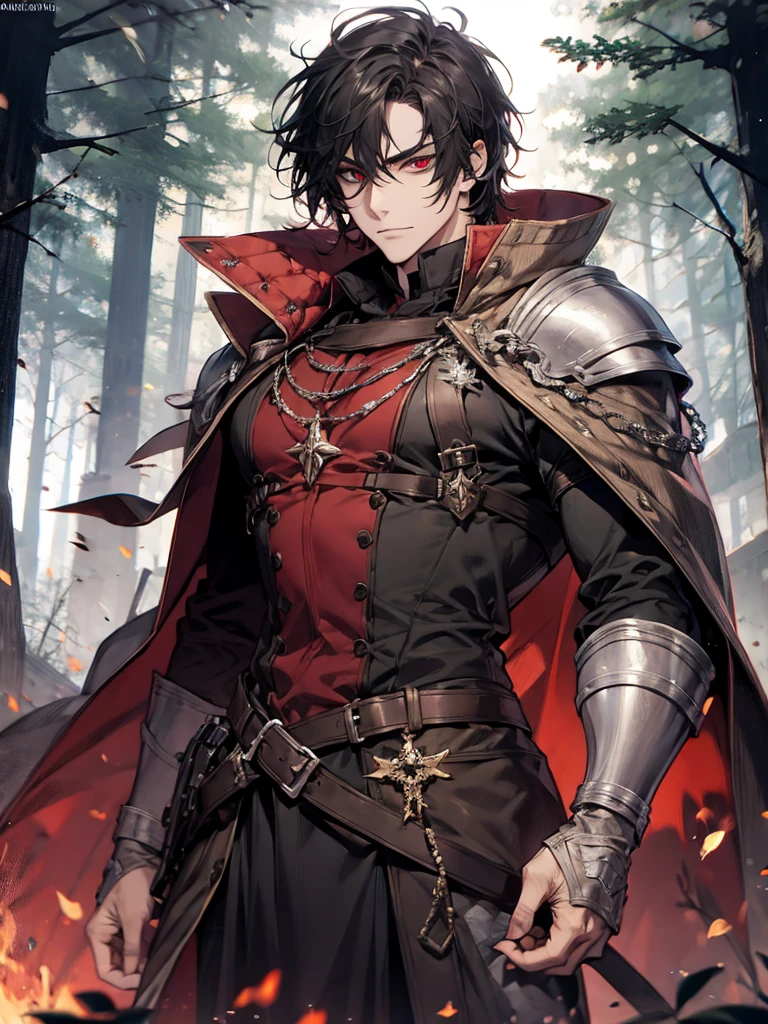 1 male, calm, adult face, tall, handsome, messy black hair with bangs, crimson red eyes, wearing black, in a dark forest, medieval fantasy, full body, big bulge