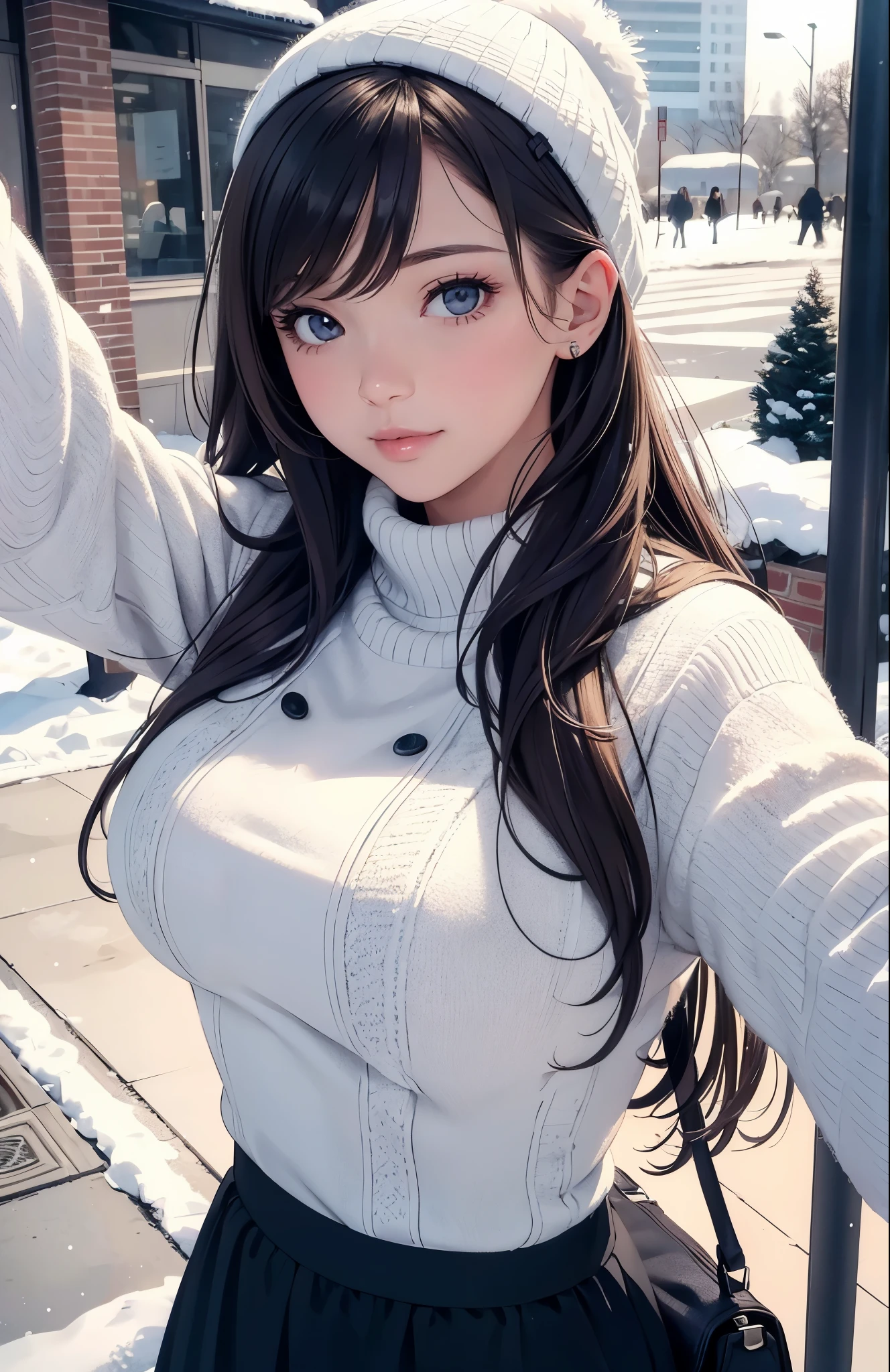 girl in winter clothes, top shot,((selfie)), random background, kiss, beautiful, medium breasts, flirtatious look, ((very detailed)), (perfectly detailed face), (well detailed hand), photorealistic image.