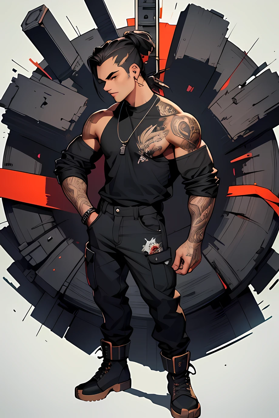 los letes de satoru goyo. hombre delgado, barba perfectamente recortada, pelo largo en corte ninja con trenzas , black hair color at the roots. con tatuajes en los 2 hombros pecho y pierna derecha, ropa estilo urbano playera en color blanca y una negra arriba de la blanca, pantalon denim negro ecko, botas timberland en color crema, 1.65 estatura. (rapero) (estilo urbano) (Animado) ((estilo anime)) graffiti secret spirit art death painting 30% de cibor futurista, humano ft robot futurista, hero soldier, hombre rapero ninja futurista.(((hd, 4k, real))) (8K) ultra definido. Mystical Magic (cuerpo completo)full body skinny fire spirit. qui azul, de pie cuerpo de pie.