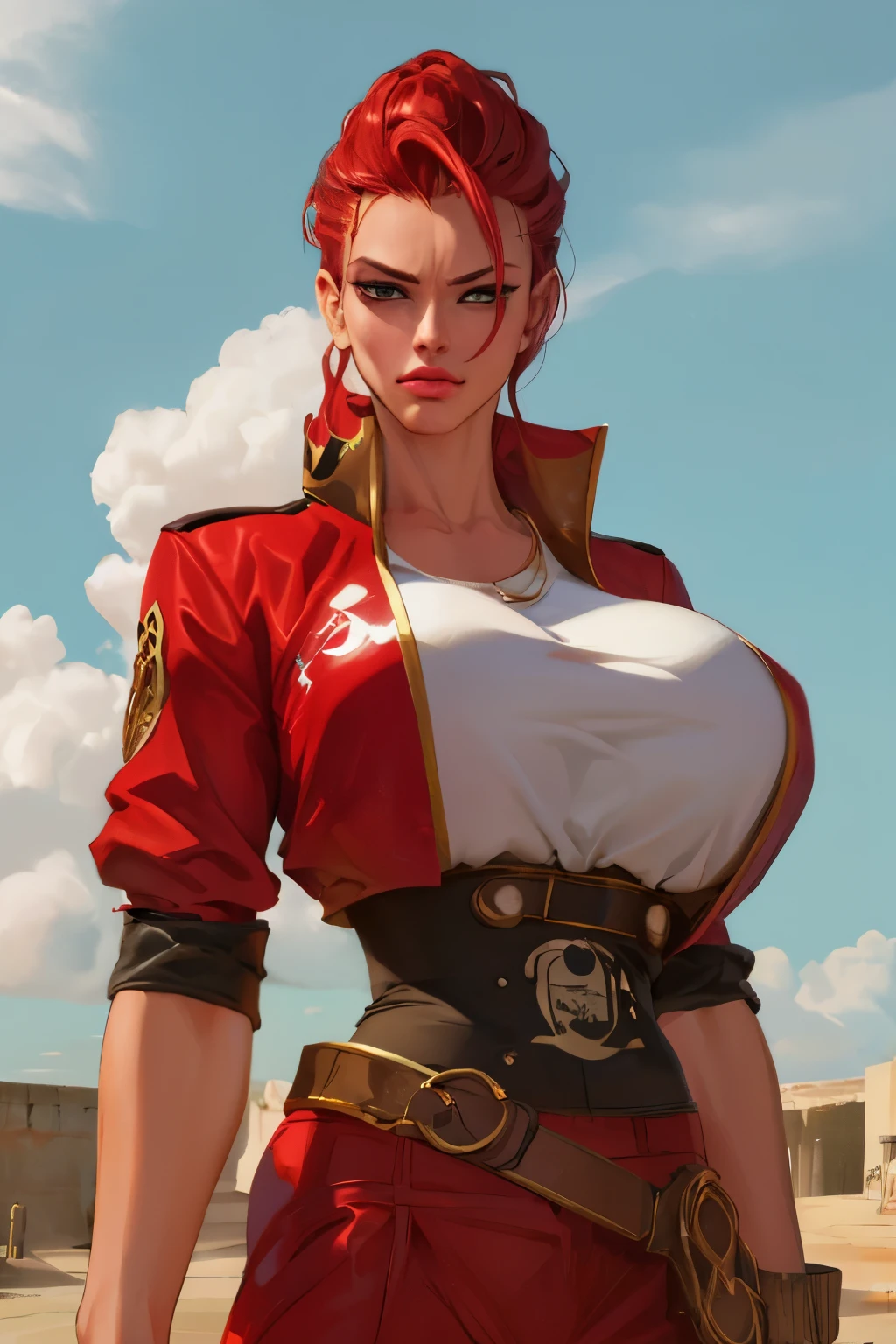 Girl with wavy red hair and rebellious, ((hair slicked back)), (angry eyes), ((dark circles around eyes)), golden eyes and tanned skin, ancient roman pirate style clothes, (gigantic breasts), background with clouds, realistic manhwa style.