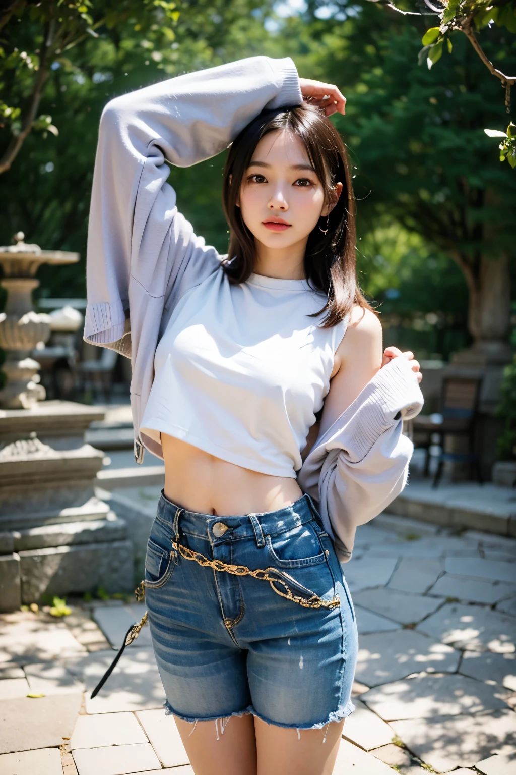 (((whole body))), (goddess-like happiness:1.2), Kpop idol, Koean mix, (RAW photo:1.2), (photorealistic:1.4), (masterpiece:1.3), (intricate details:1.2), delicate, beautiful detailed, (detailed eyes), (detailed facial features), (25 years old female), tall female, petite, small breasts, narrow waist, skin tight, (looking_at_viewer), (military jacket:1.2), from_front, big circle earrings, slim_legs, (skinny), (best quality:1.4), (ultra highres:1.2), cinema light, outdoors, (extreme detailed illustration), (lipgloss, eyelashes, best quality, ultra highres, depth of field, caustics, Broad lighting, natural shading, 85mm, f/1.4, ISO 200, 1/160s:0.75),