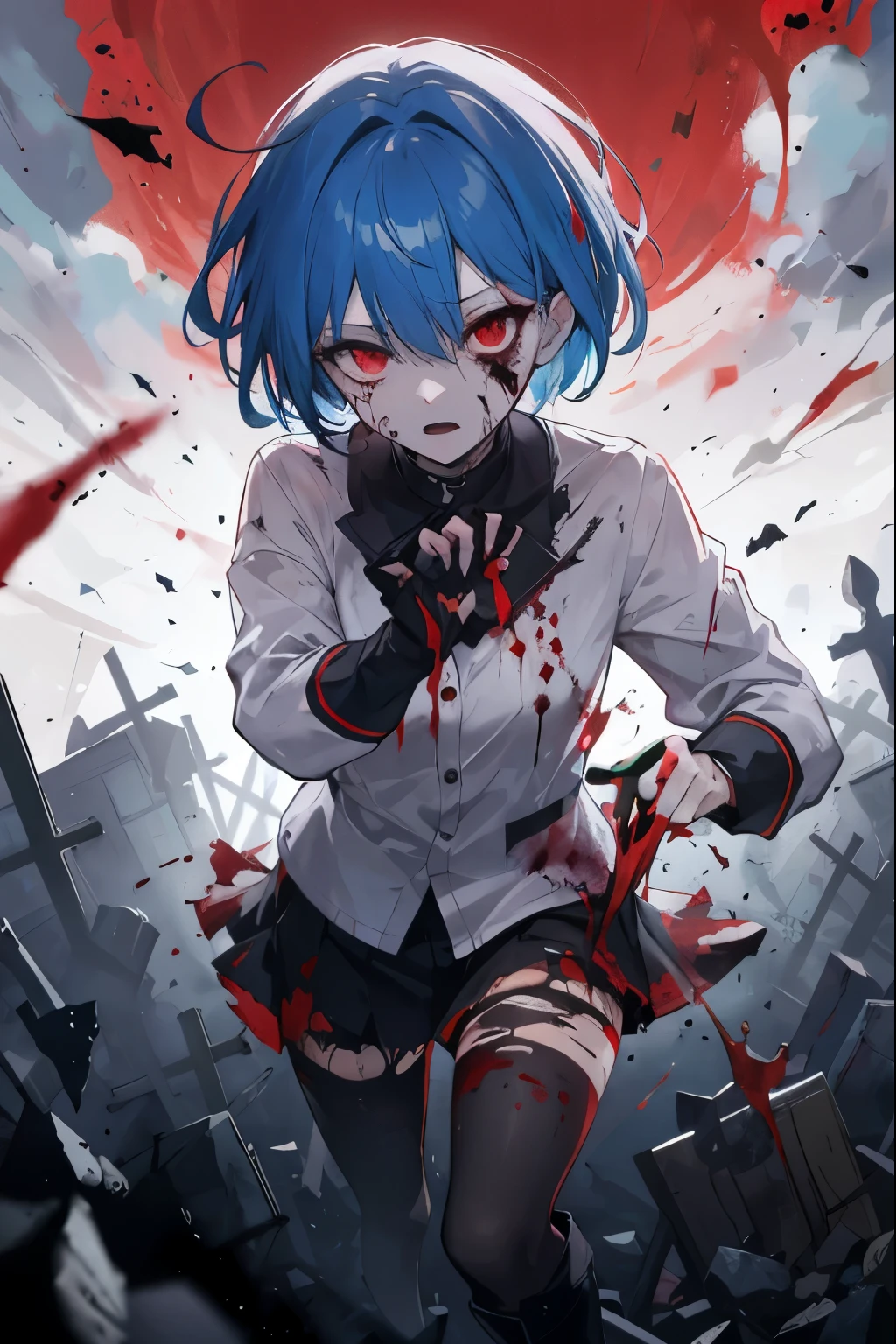 zombie girl blue hair Short Layer graveyard red eye background Large scars on the face bleed evening sky bleeding from the eyes clothes are torn Moving corpses extend your right hand here Attacking My clothes are in tattery cutter shirt is in tatters